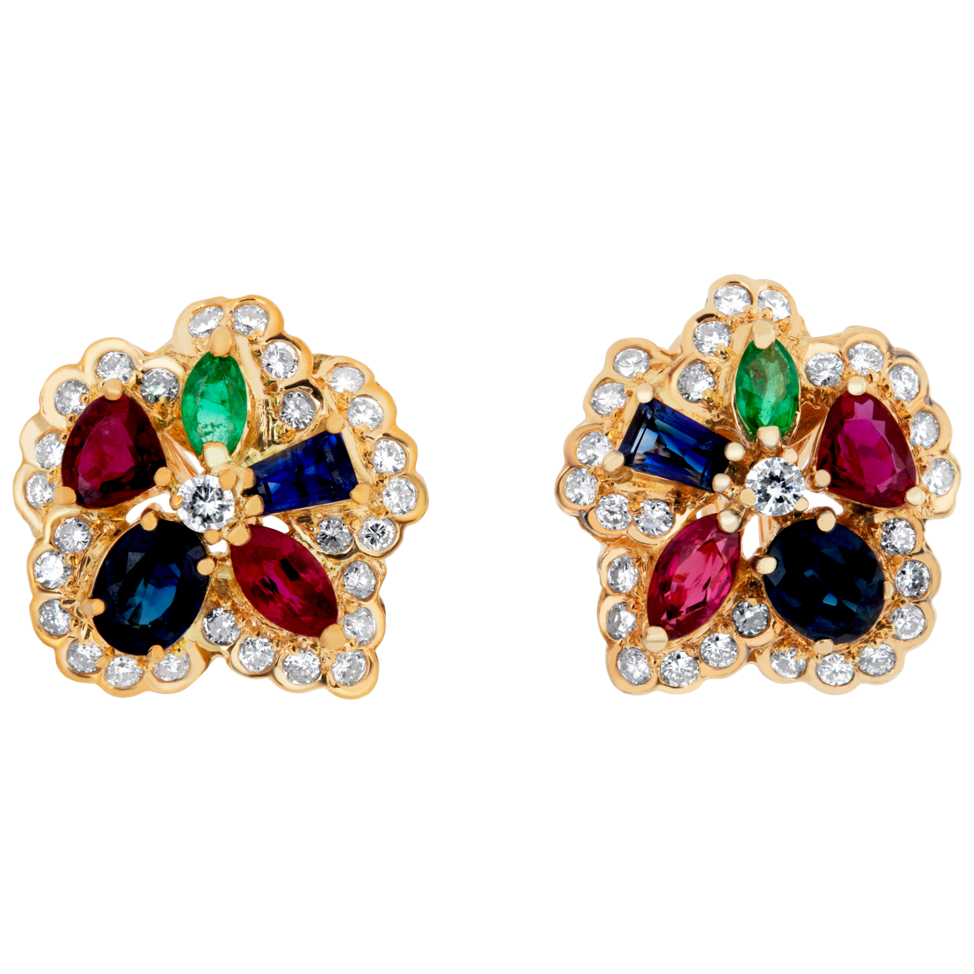 Sapphire, Ruby and Emerald cluster earrings with diamond accents image 1