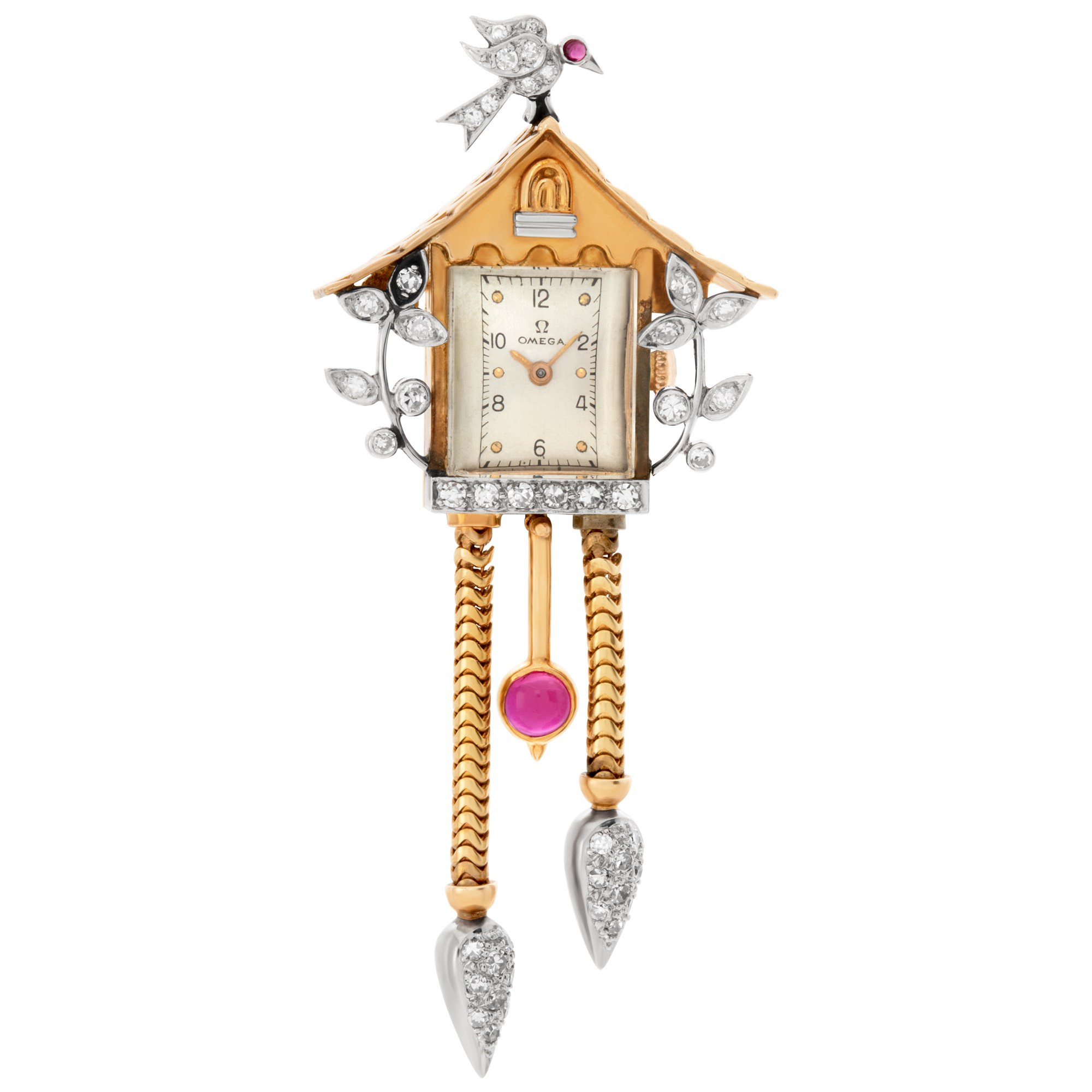 Omega Birdhouse brooch in 14k gold and diamonds image 1