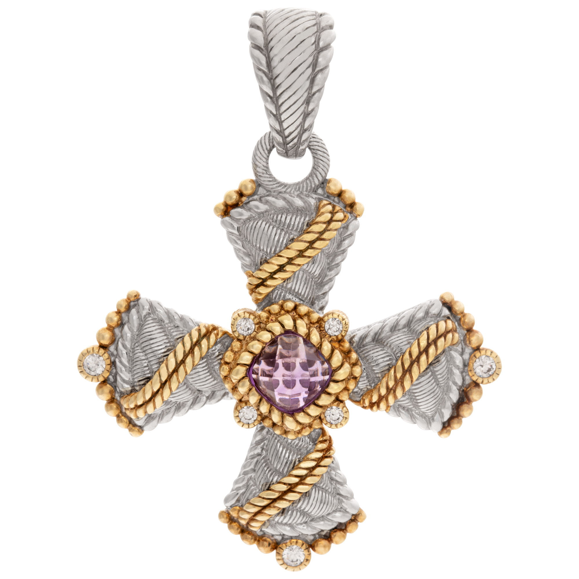 Judith Ripka cross pendant in 2 tone with faceted amethyst in sterling silver image 1