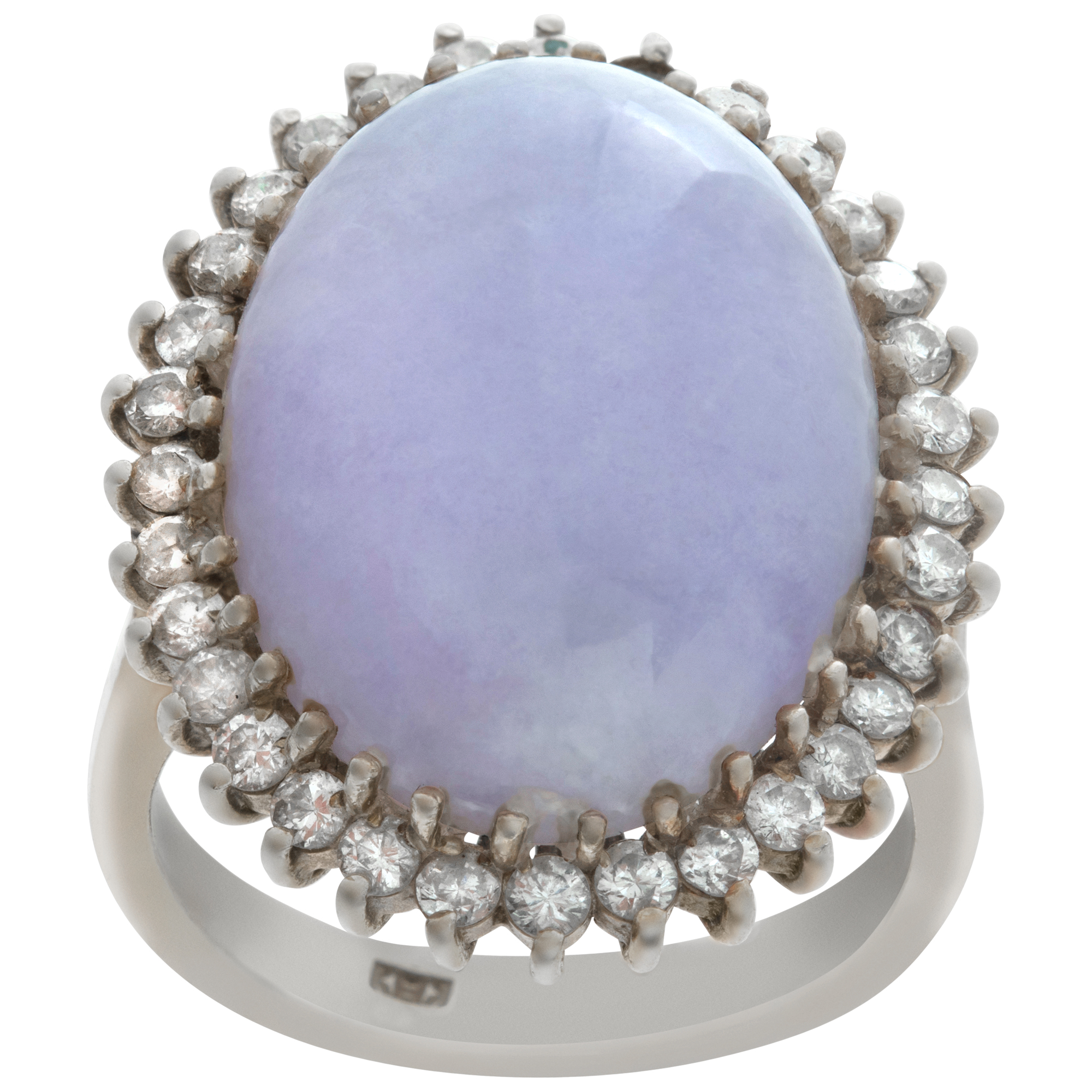 Blue lavender oval chalcedony ring with approximate 0.75 carat diamond frame set in 14k yellow gold image 1
