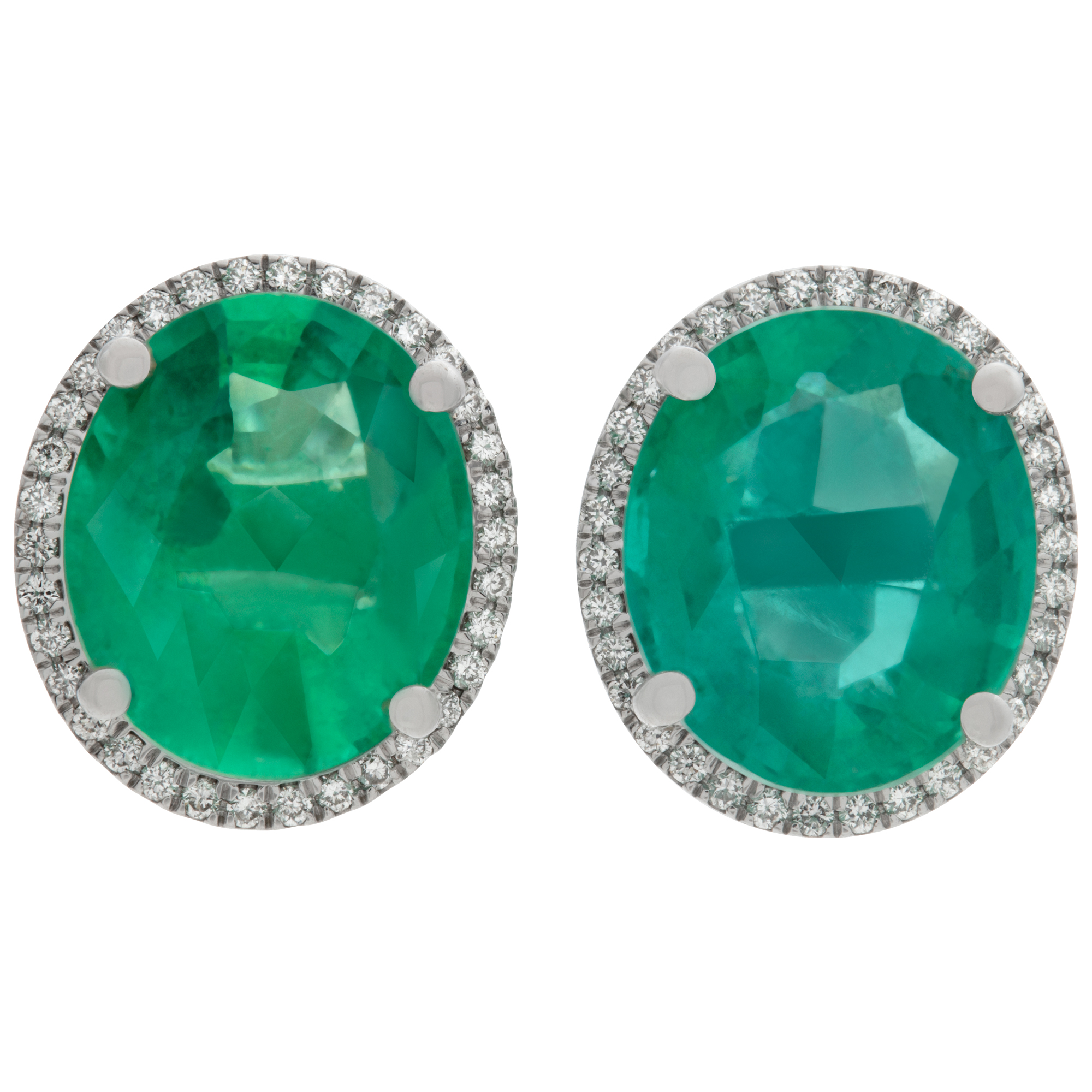 IDT certified Emeralds and diamonds stud earrings in 18k white gold. Oval brilliant cut emerald total approx. weight: 6.83 carats. image 1