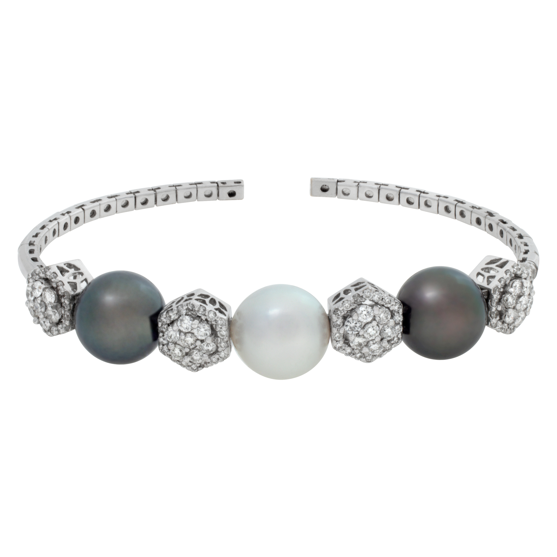 South Sea (white),Tahitian (gray) pearls and diamonds cuff/bangle in 18k. Pearls are 11 x 11.5mm. Round brilliant cut diamonds total approximate weight: 1.31 carat image 1