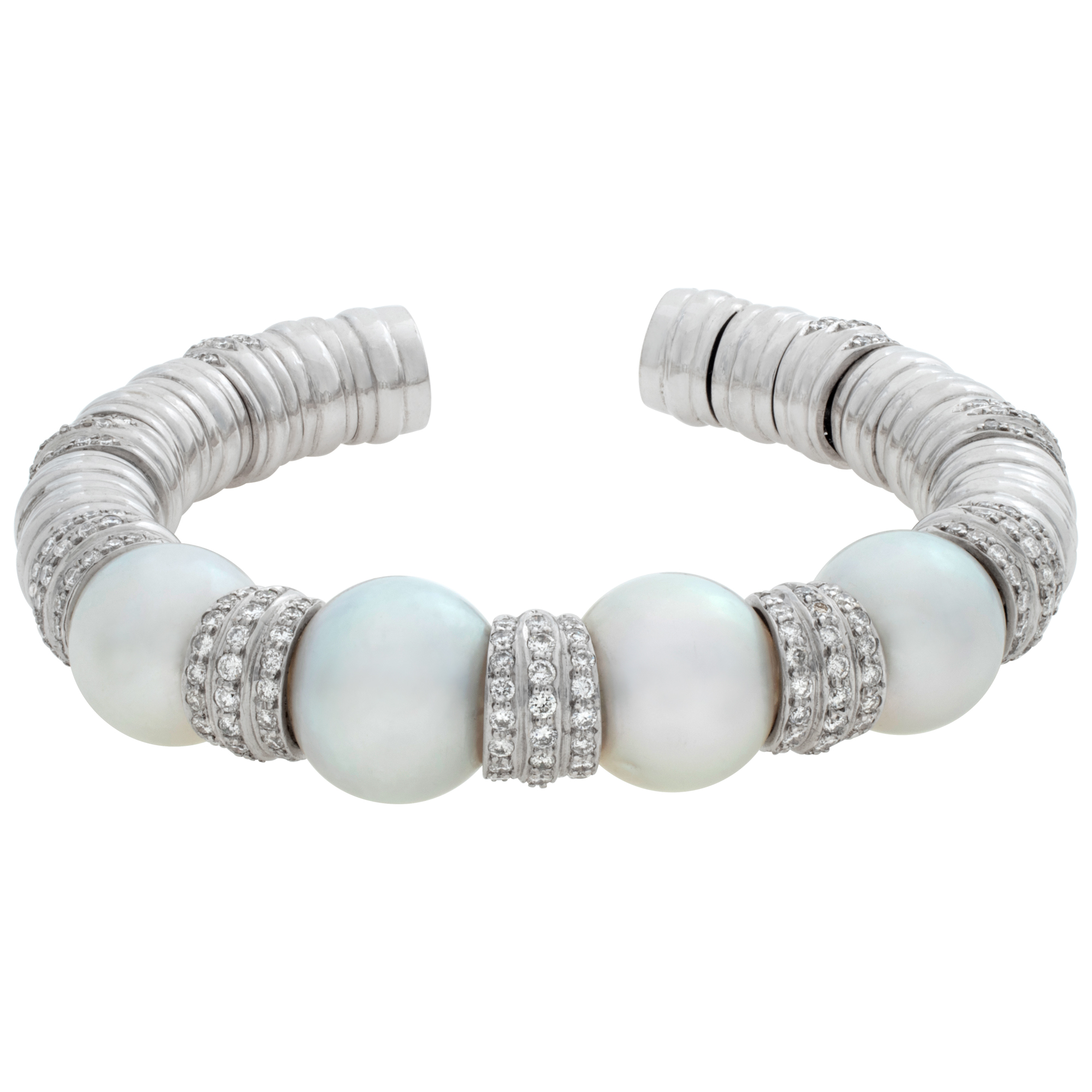 South Sea pearls (12 x 12.5mm) & diamonds (3.45 carat) cuff/bangle set in 18k white gold image 1