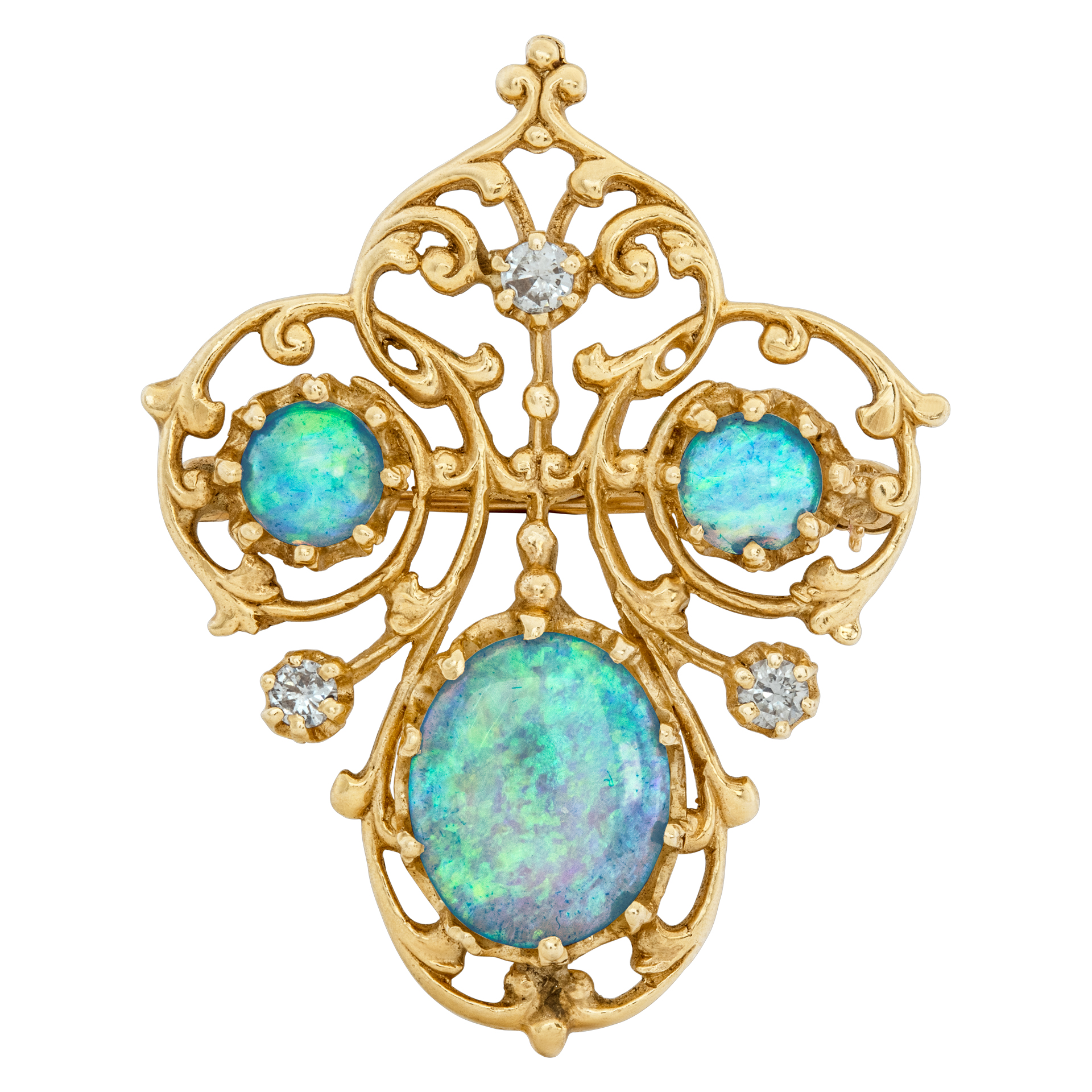 Vintage Brooch/Pin with fiery cabochon Opal & Diamonds set In 14k Yellow Gold image 1