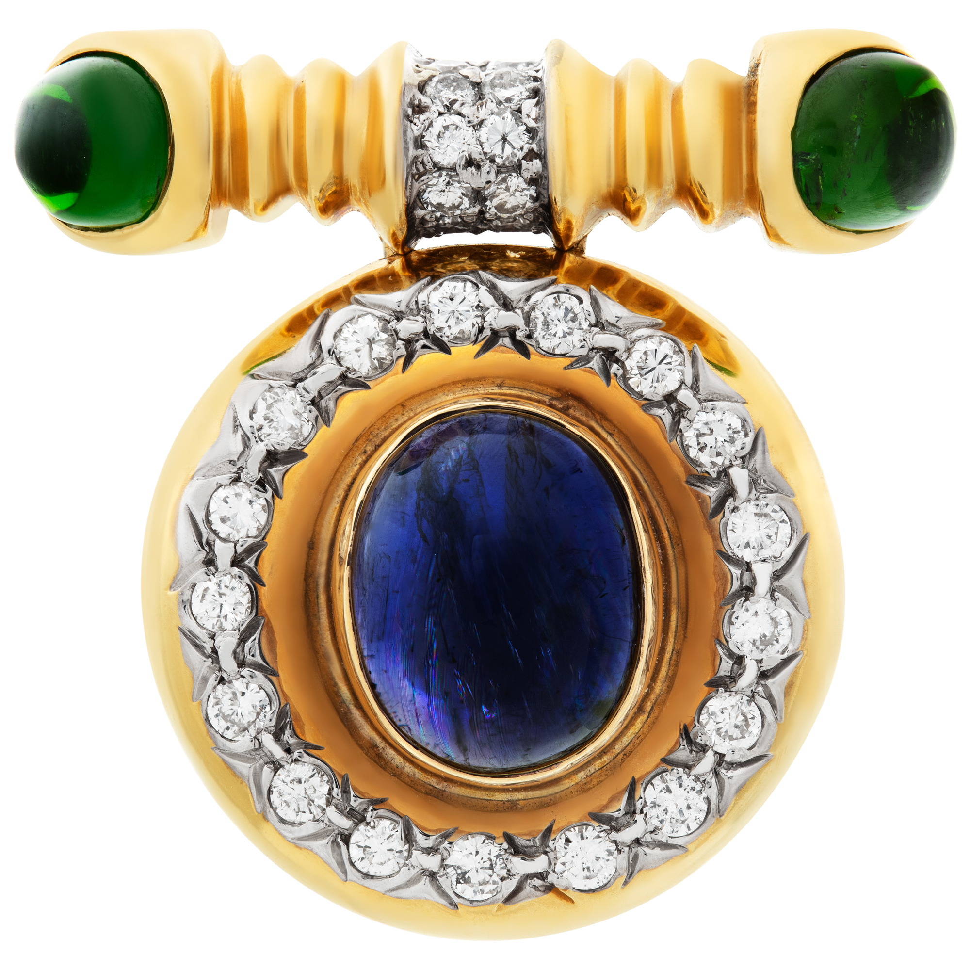 Oval cabochon sapphire, oval cabocho green tourmalime and diamonds brooch/enhancer set in 14K yellow gold. image 1