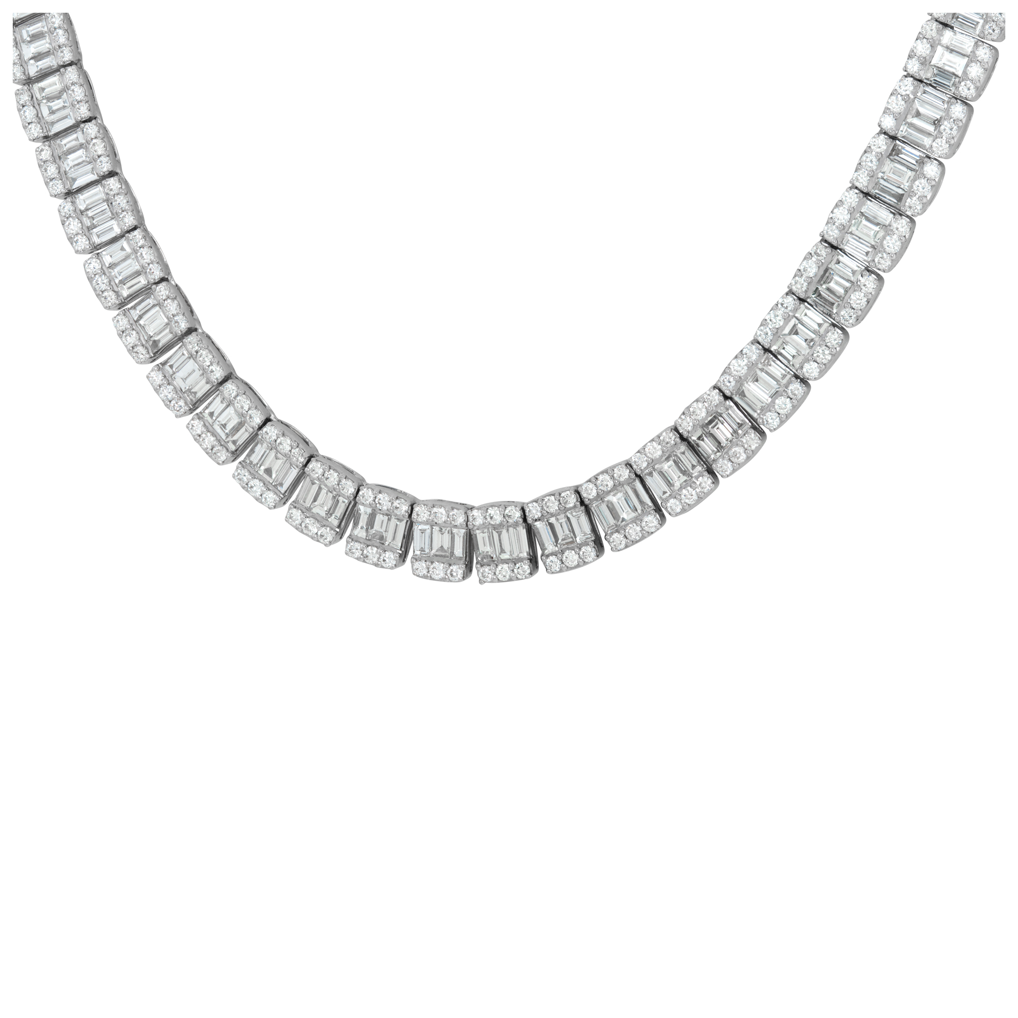 "Trompe l'oeil"  (French for "tricking the eyes"), Princess, Baguette and Round diamonds necklace in 14k white gold. All diamonds total approx. weight: 30.00 carats, image 1