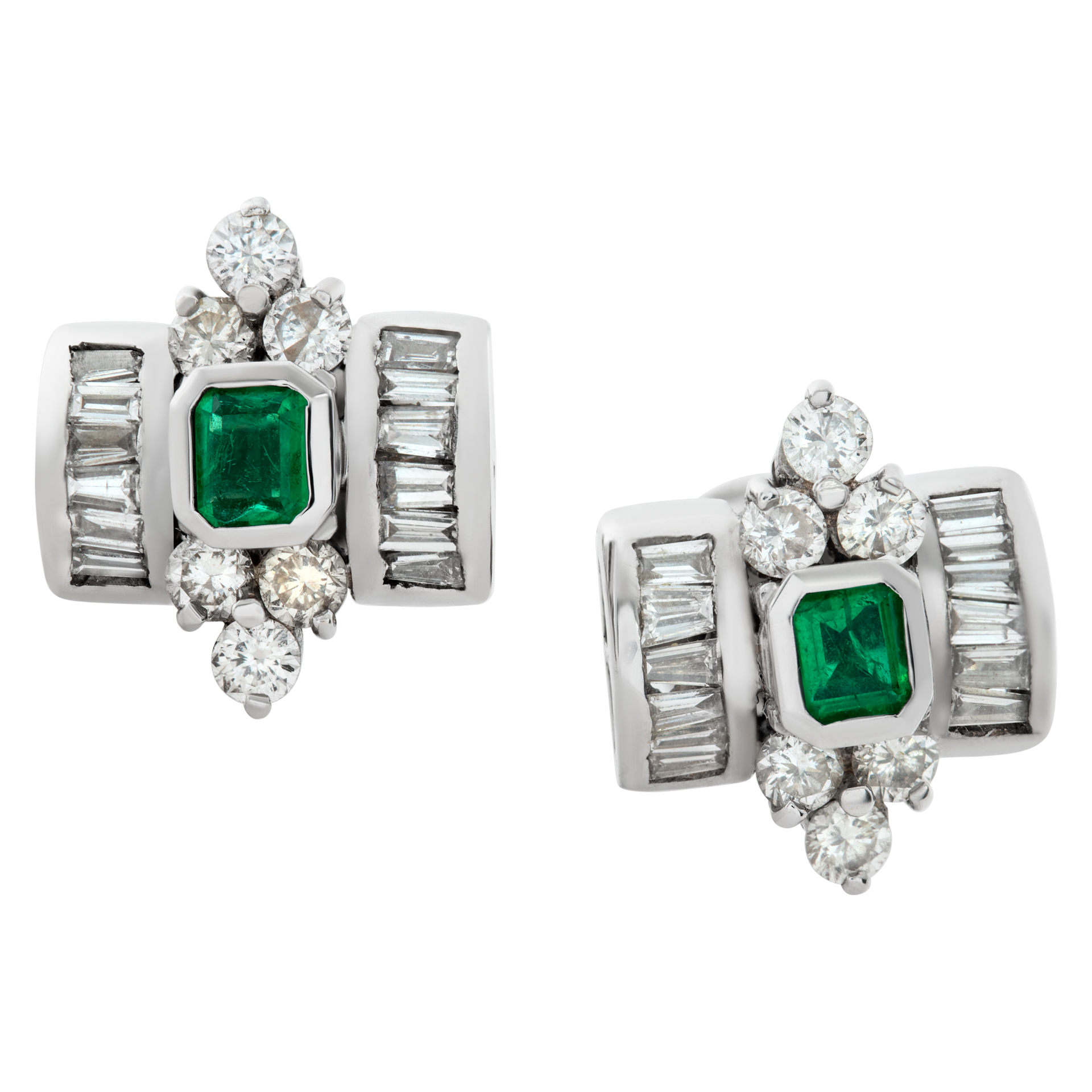 Diamond & emerald earrings in 14k white gold with screw earring backs image 1