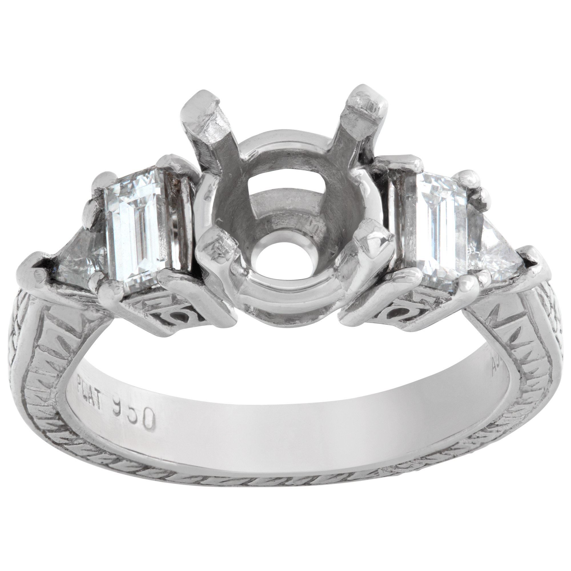 Platinum setting for 1 - 1.3 carat diamond  w/ emerald & triangle cut accent diamonds image 1