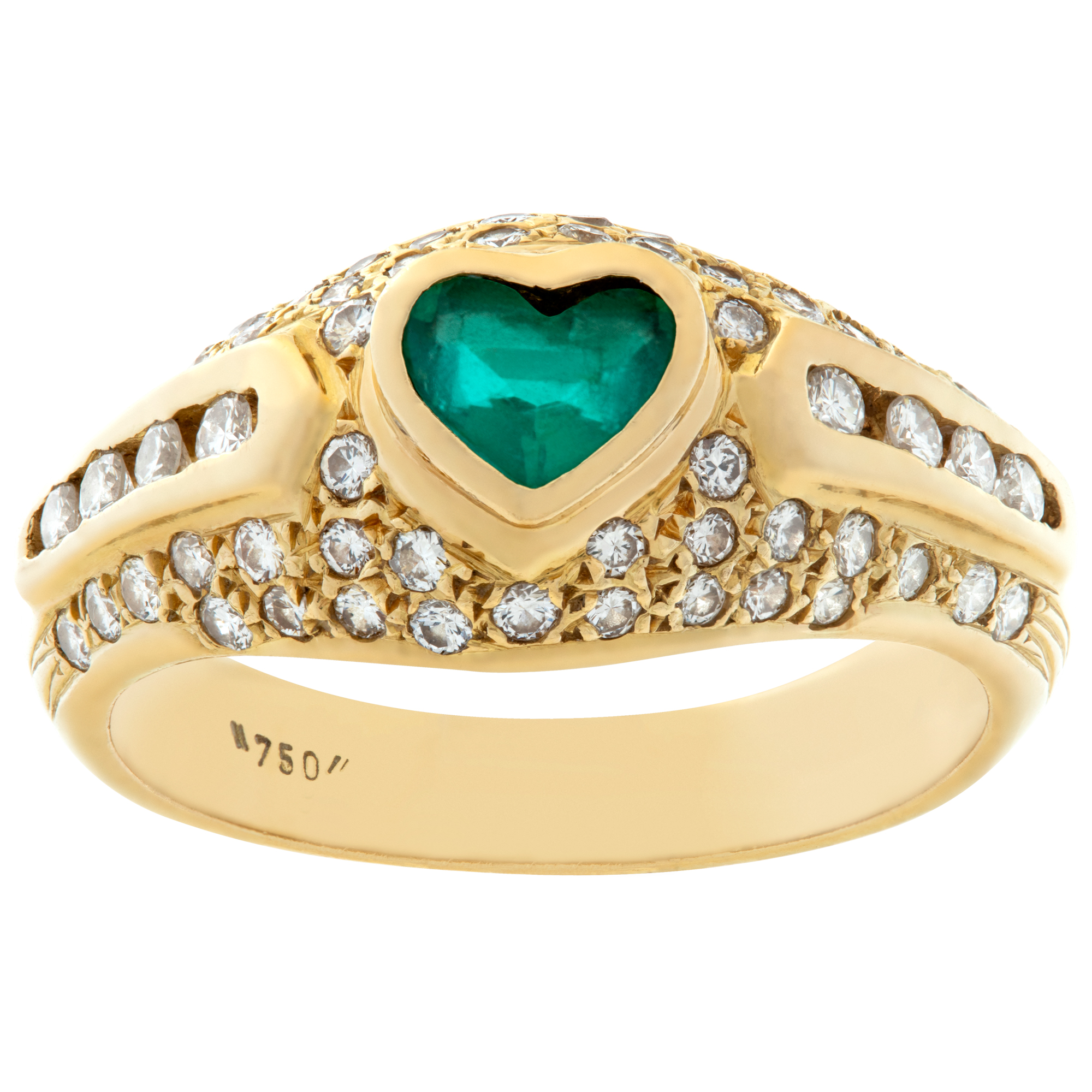18k yellow gold heart emerald ring with approximately 1 carat in diamonds image 1