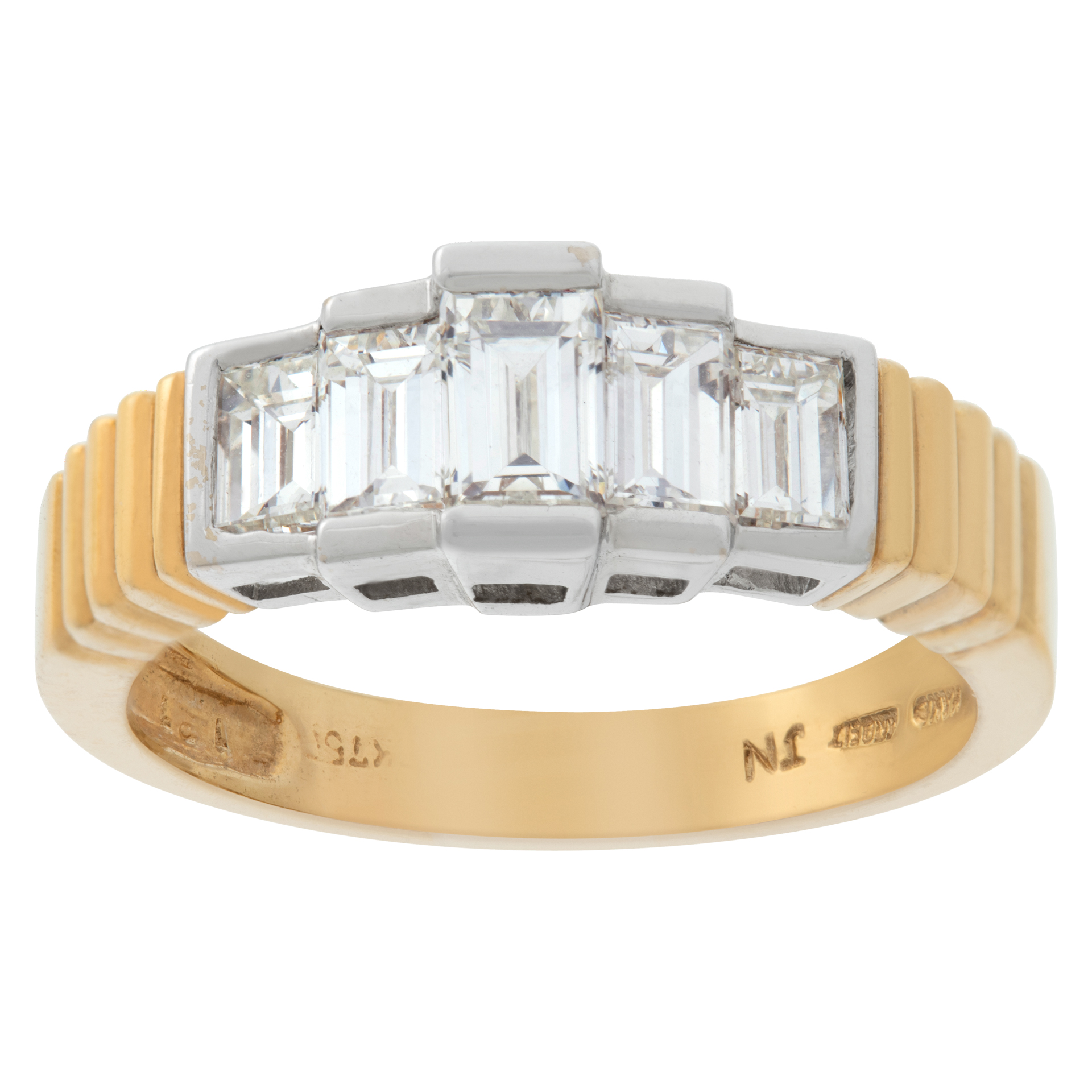Emerald cut channel set diamond ring with 5 diamonds 18k white and yellow gold image 1