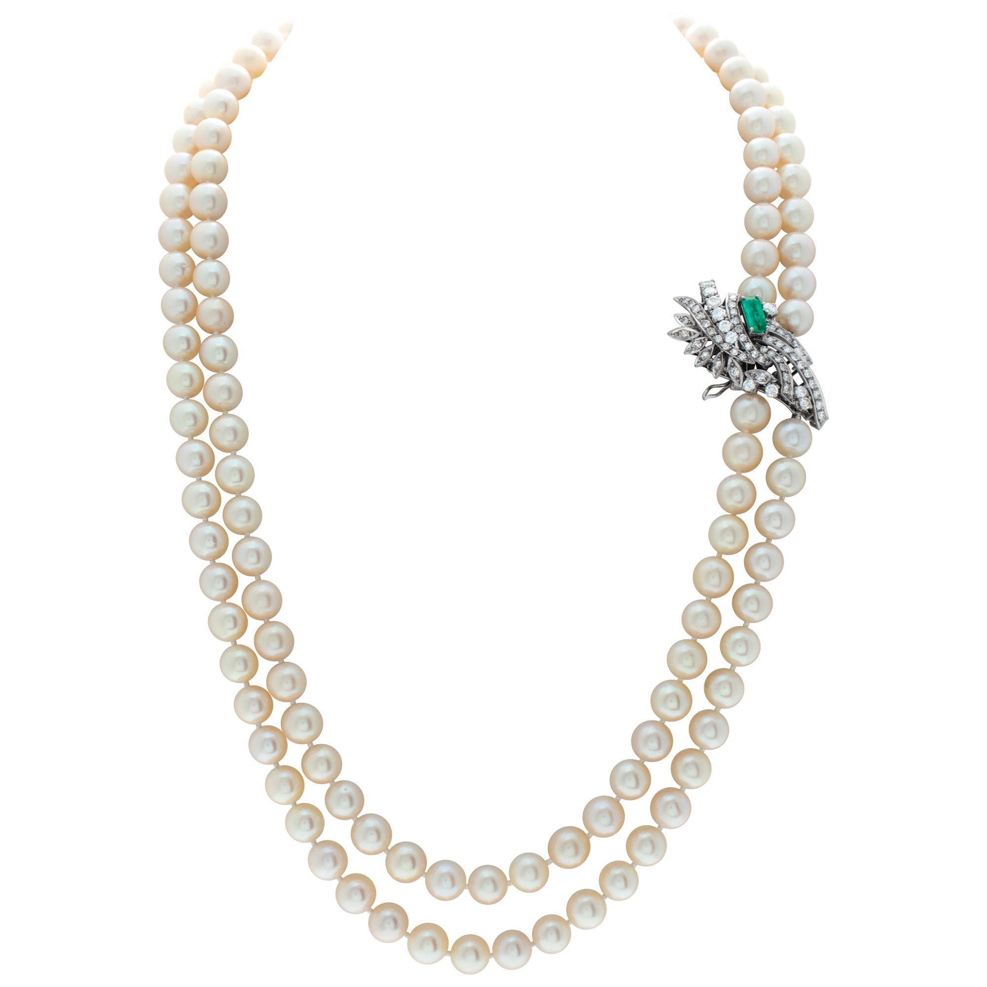 Double strands culture pearls 8 x 8.5mm with diamonds & emerald clasp in 18K white gold. image 1