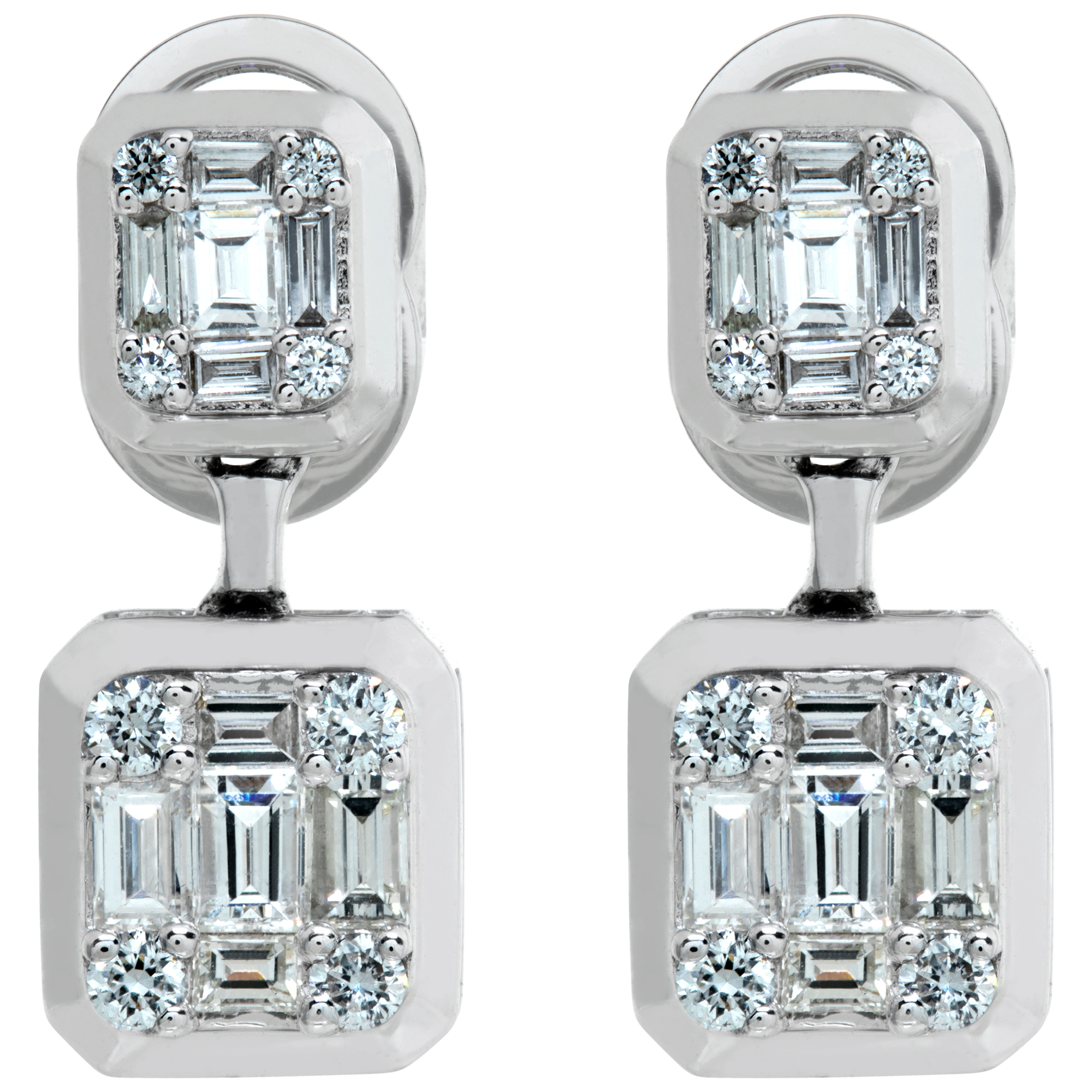 18k white gold illusion set diamond earrings with 0.86 carat in baguette & round cut diamonds image 1