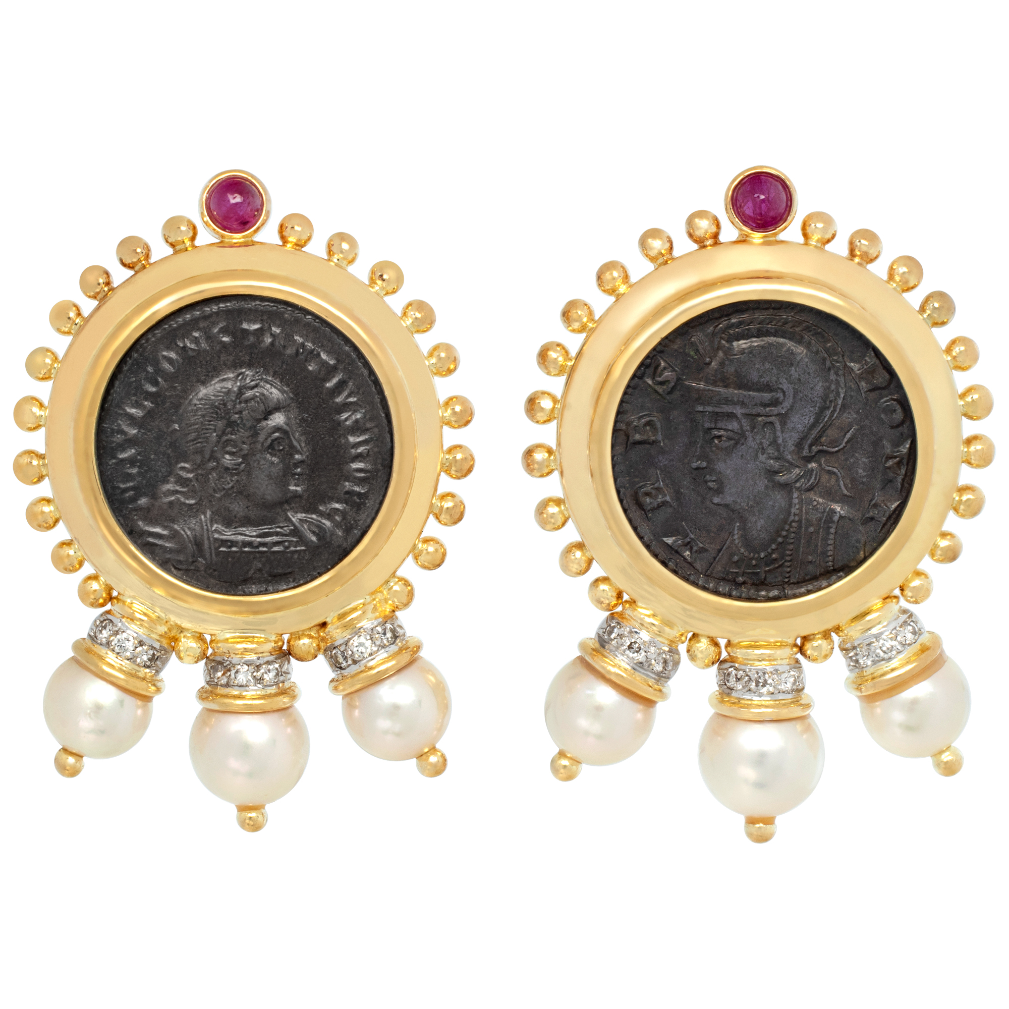 cufflinks in 18k with ancient roman coin, diamonds and pearls image 1