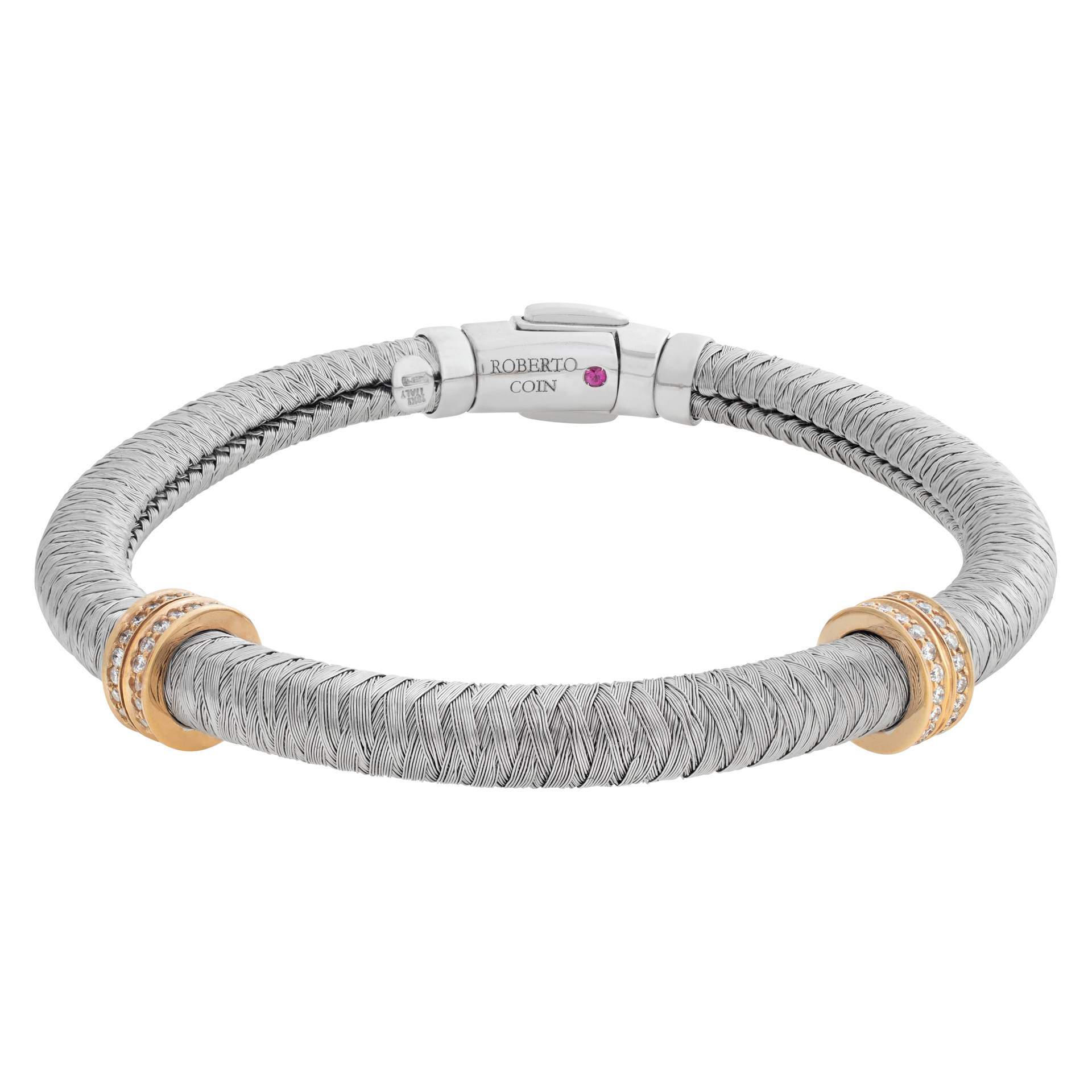 Roberto Coin Primavera Collection, Flexible Weaved Coil Bracelet In 18k White Gold, With 2 Rose Gold Diamond Stations. image 1