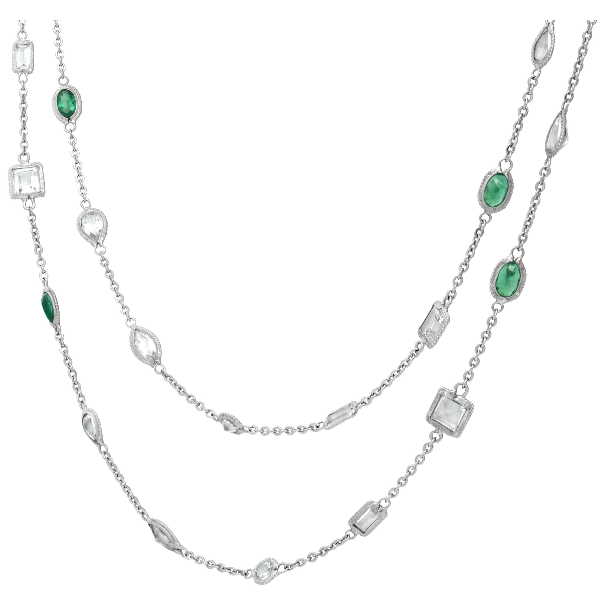 18k white gold long chain with emeralds and white sapphires image 1
