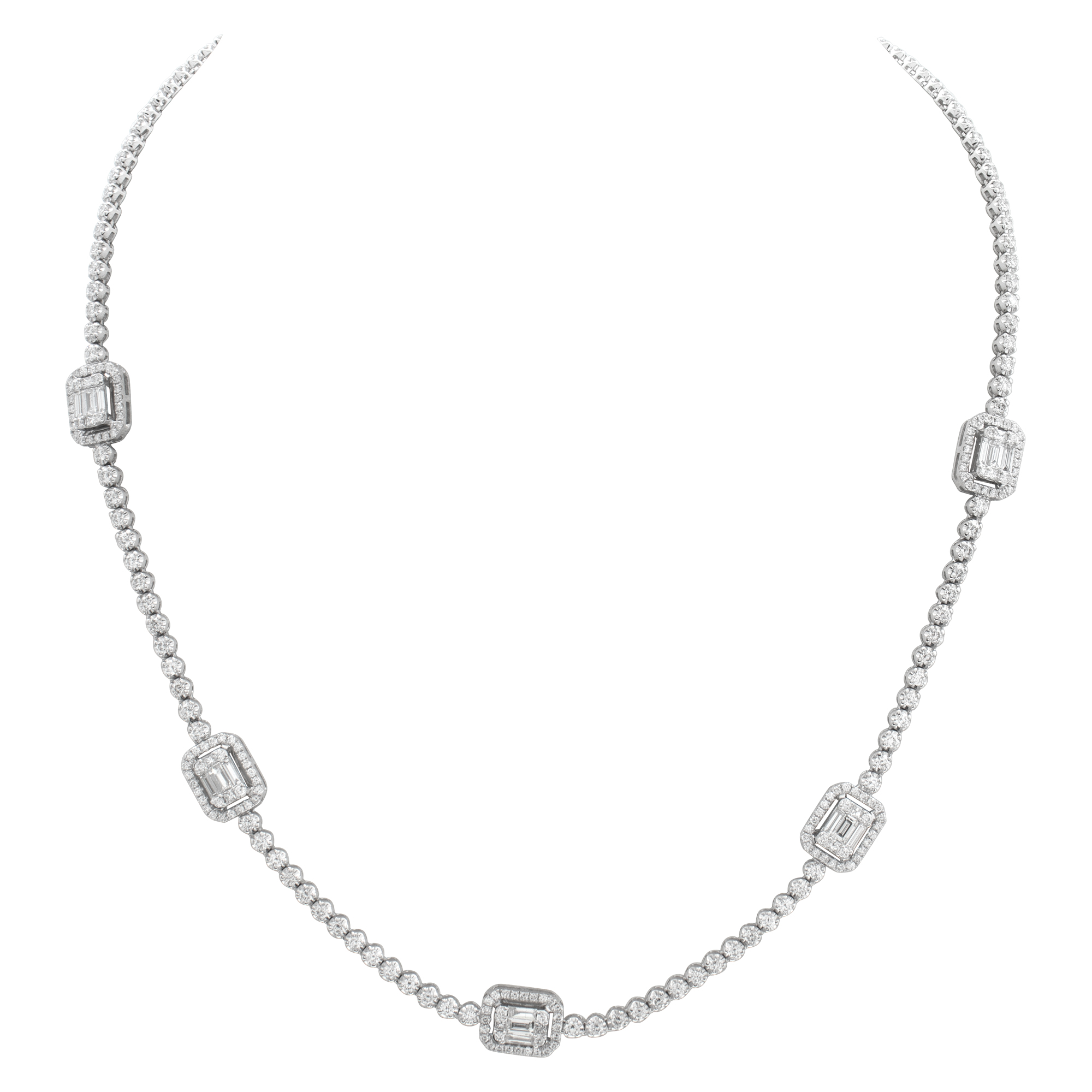 Diamond line necklace with baguette diamond stations in 18k white gold image 1