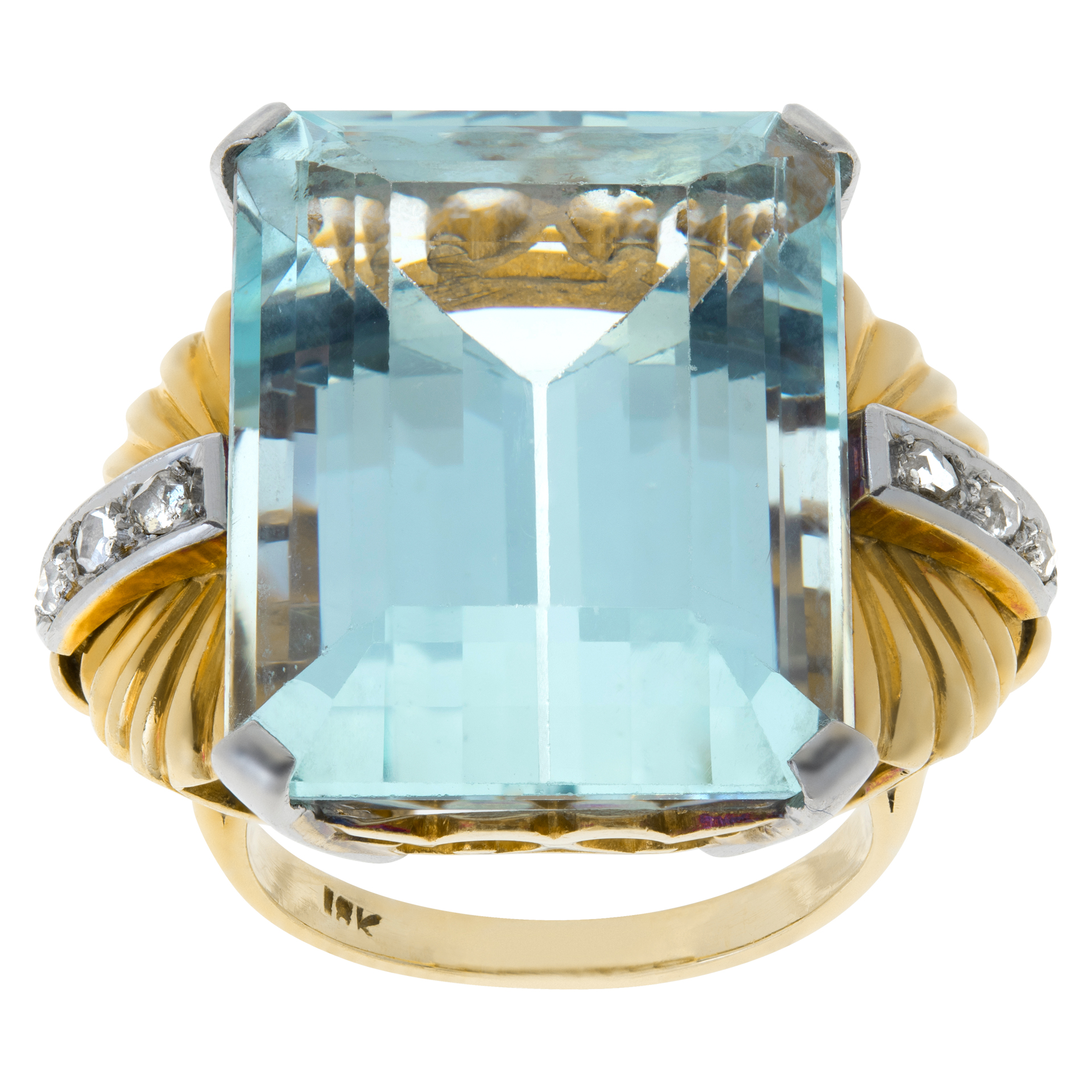 AGL certified Emerald cut Aquamarine ring approx. 30.00 carats, set in 18K white and yellow gold with 6 old cut diamonds accent image 1