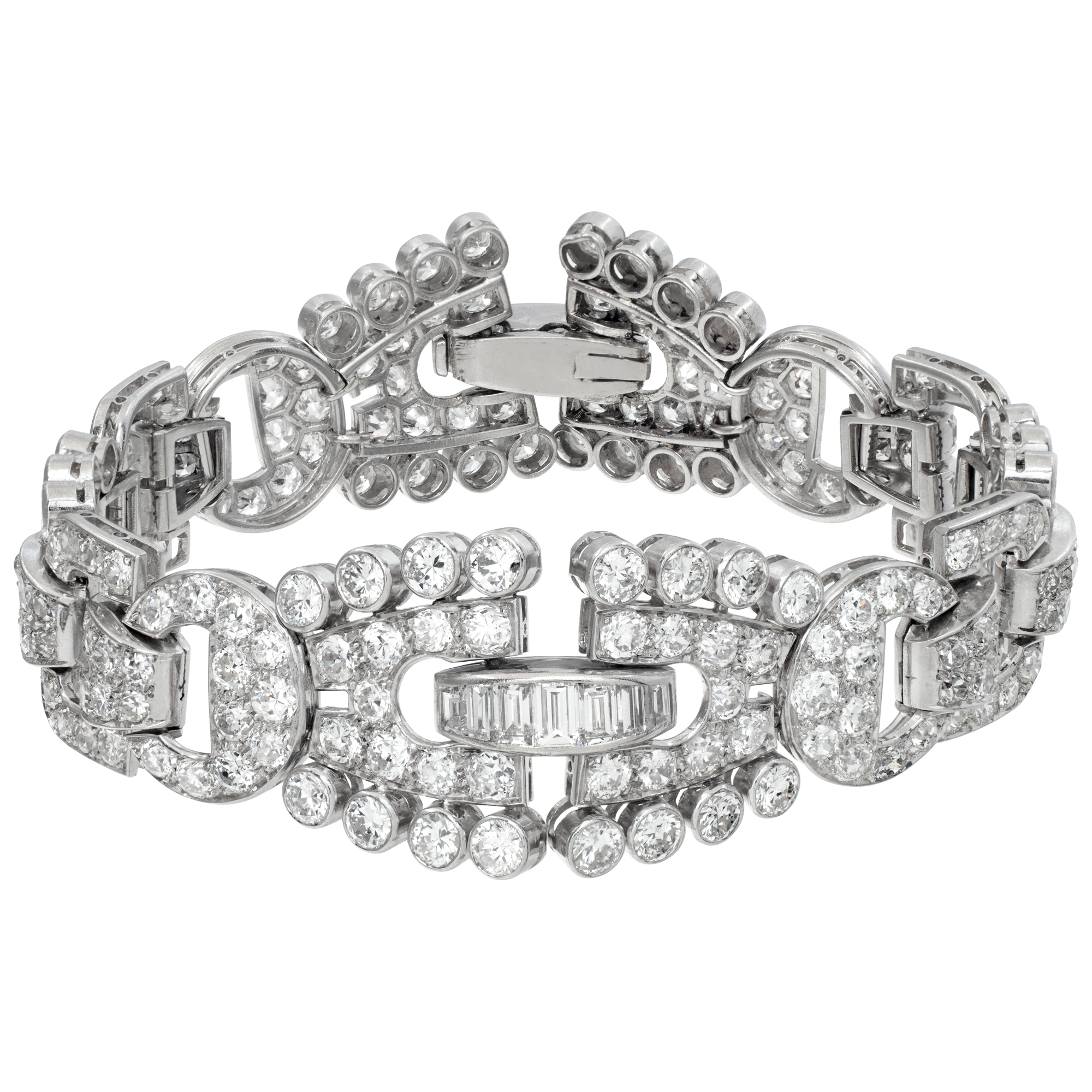 Art deco round brilliant and baguettes cut diamonds bracelet set in Platinum. Over 12 carats Round & baguettes cut diamonds image 1