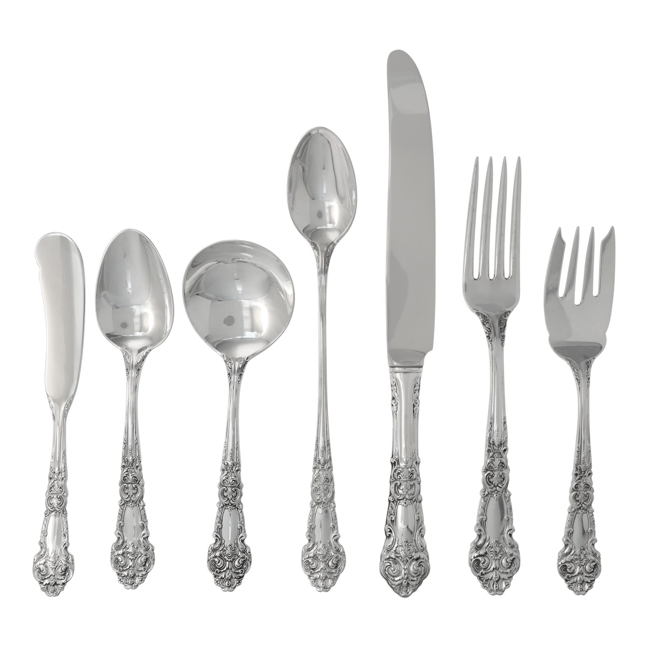 "FRENCH RENAISSANCE" sterling silver flatware set patented in 1941 by Reed & Barton- 5 place setting for 12 + 8 serving pieces- Over 76 Oz troy sterling silver.