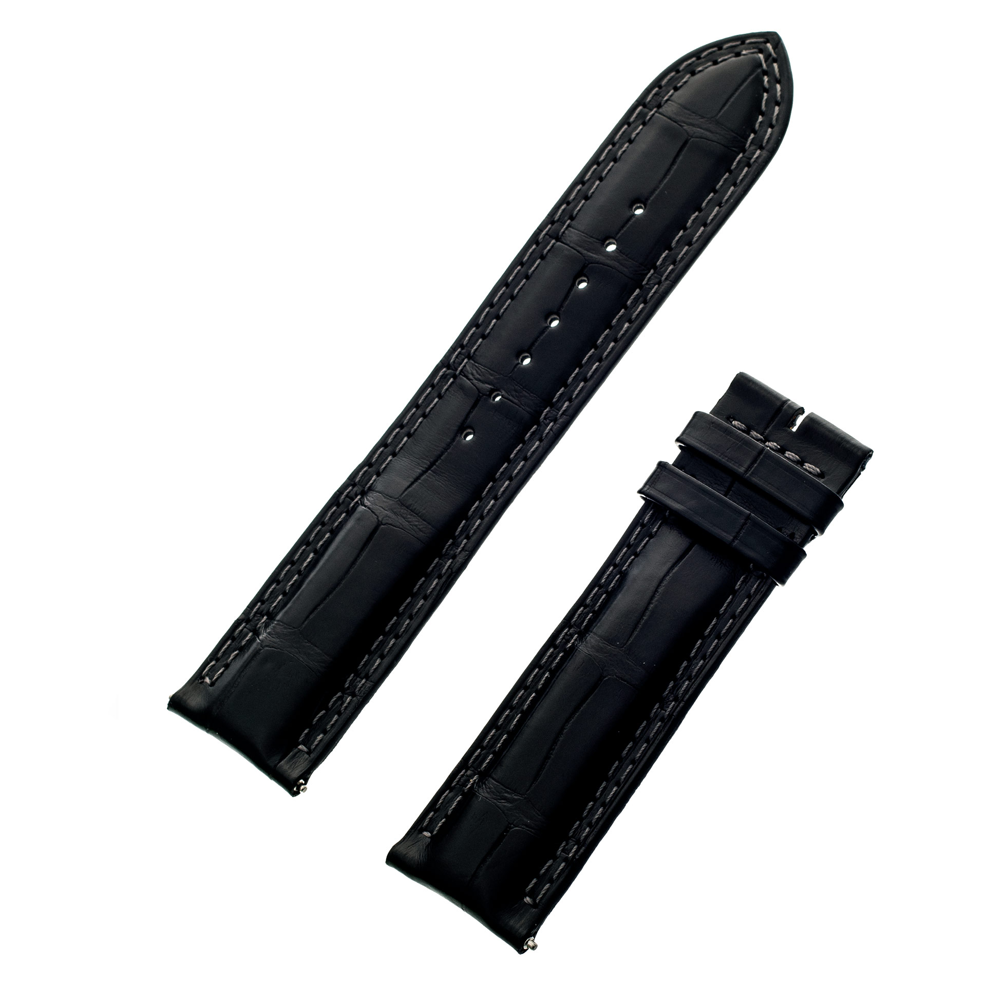 Jaeger Le Coultre black alligator strap with stiching for tang buckle. 22 mm x 20mm. 4.5" x 3"