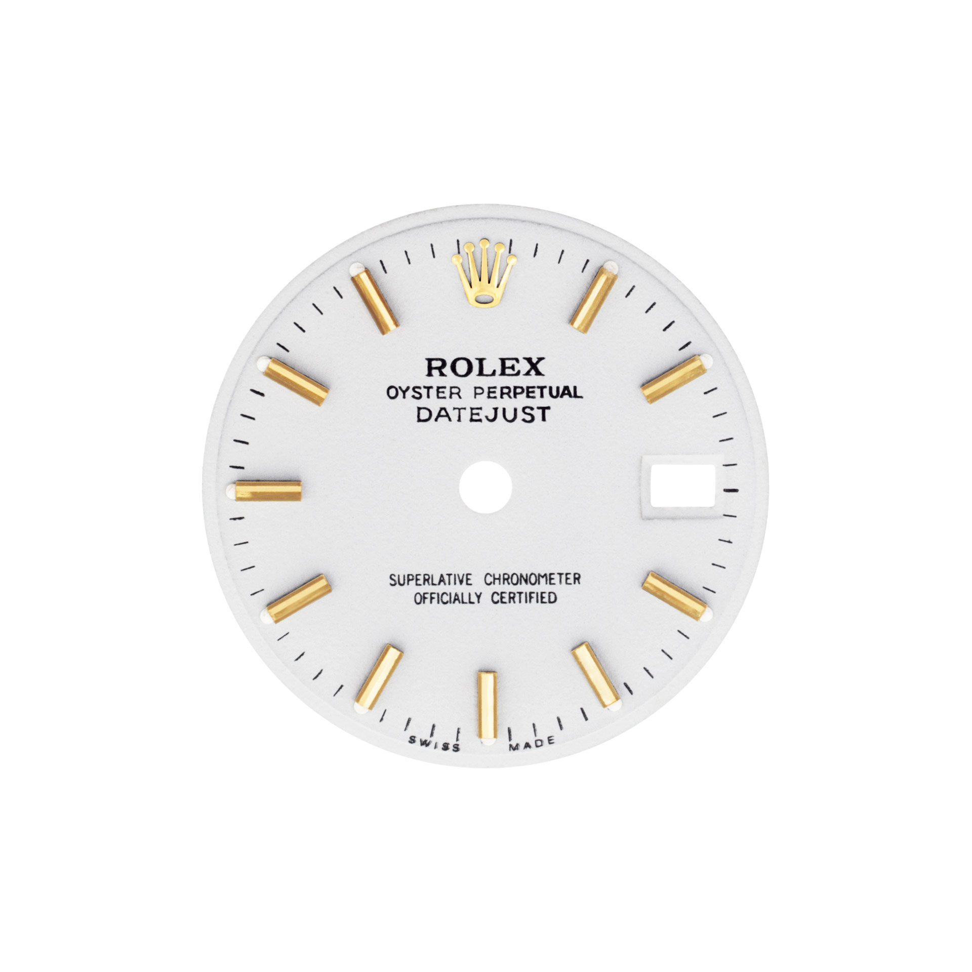 Rolex Datejust (20mm) white dial with golden stick hour markers.