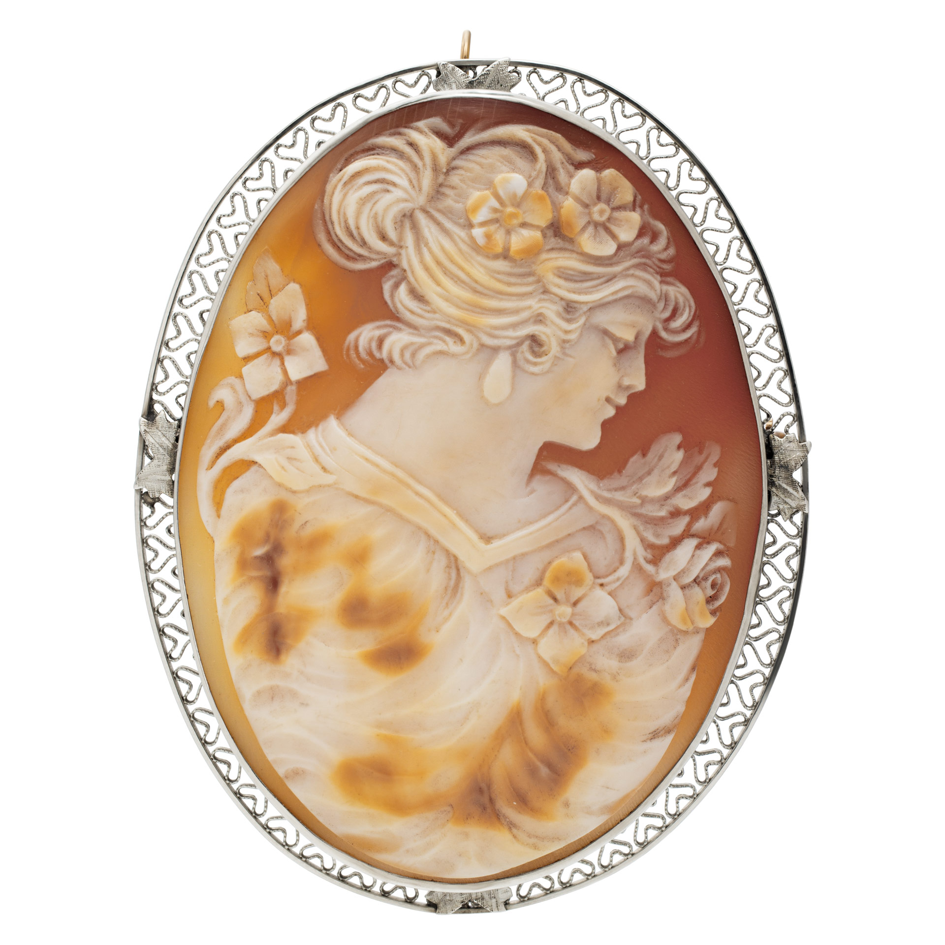 Circa 1900, large Victorian Cameo broach/pendant in 14k white gold filigree frame