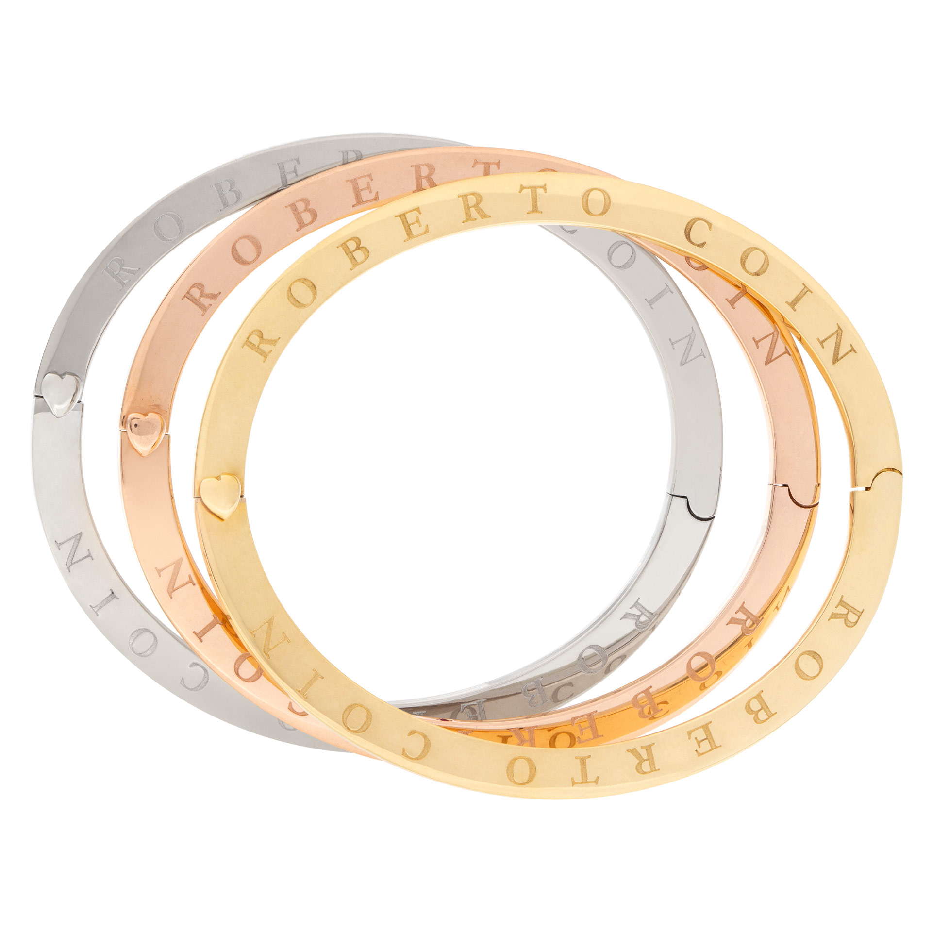Set of 3 Roberto Coin hinged bangles in 18k yellow, white & rose gold