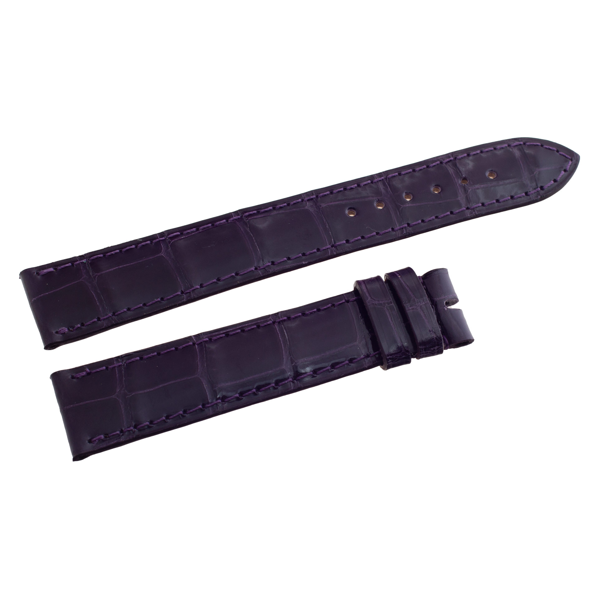 Chopard shiny purple alligator strap (18mm x 16mm) Length is 4.5" (long piece) and 3.0" (short piece). 18mm width at lug end and 16mm width at buckle end