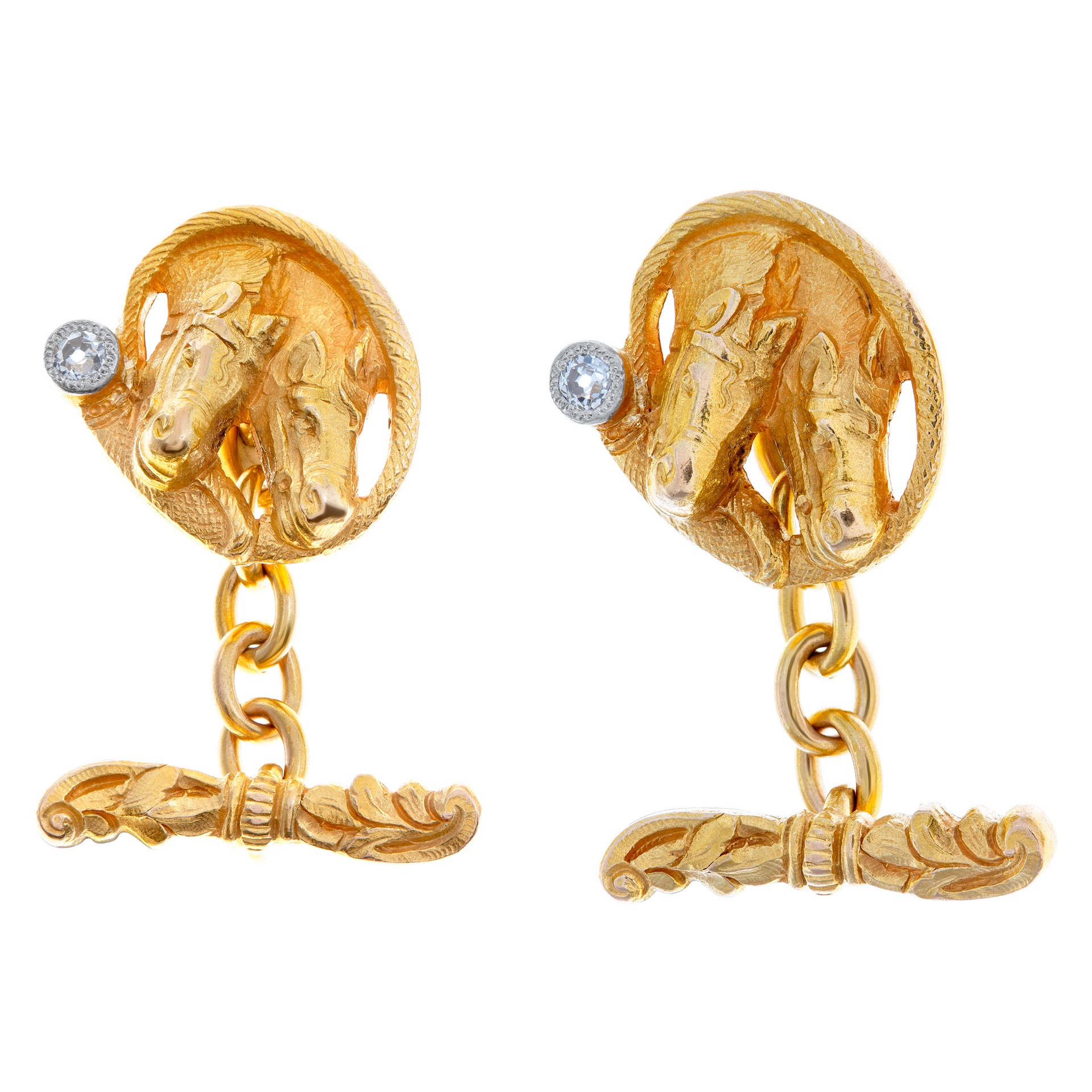 Vintage "Double Horse Heads" cufflinks in solid 18K yellow gold with 0.10 carat bezel set diamonds