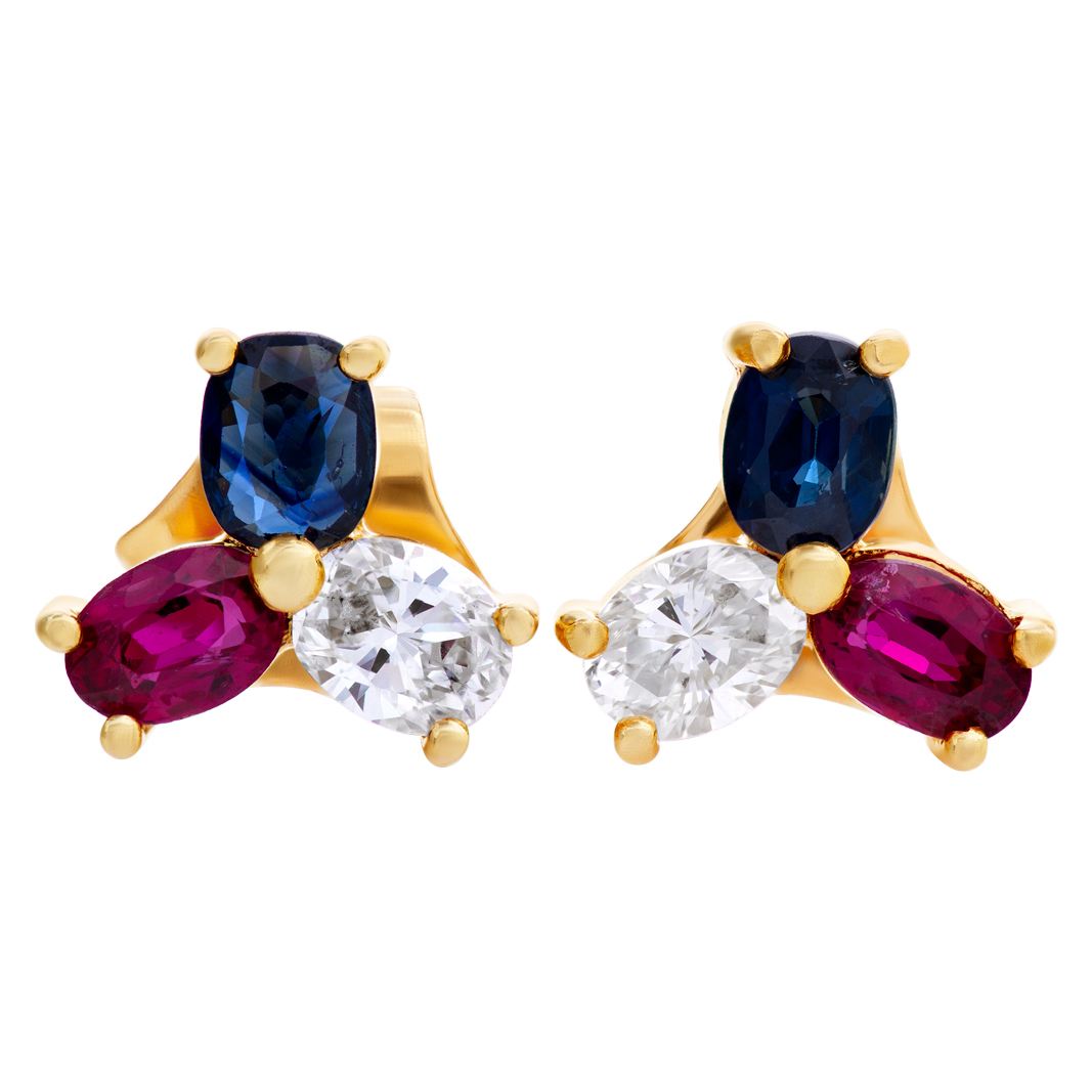 Diamond, ruby and sapphire flower style earrings in 18k gold