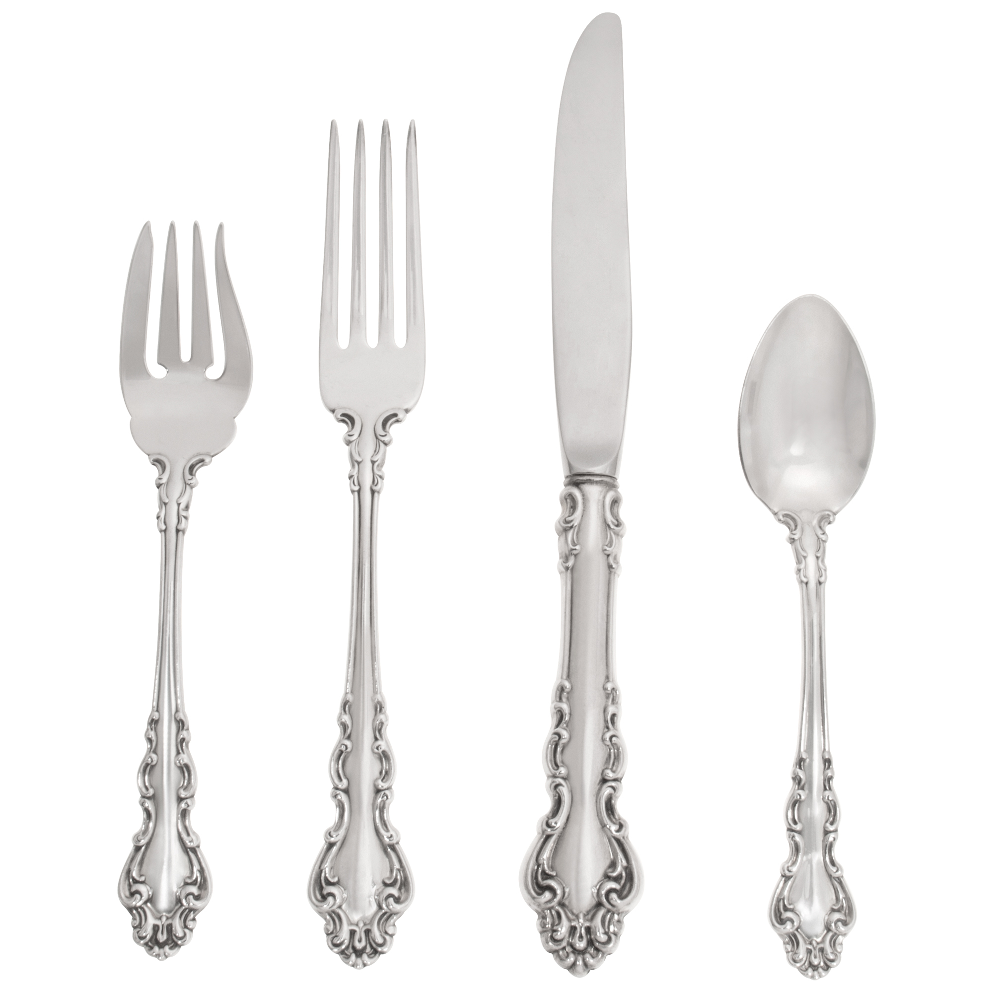 SPANISH BAROQUE, Reed and Barton, sterling silver flatware set patented in 1965- 4 place set for 12 (double tea spoons and 8 serving pieces, TOTAL 68  PIECES.