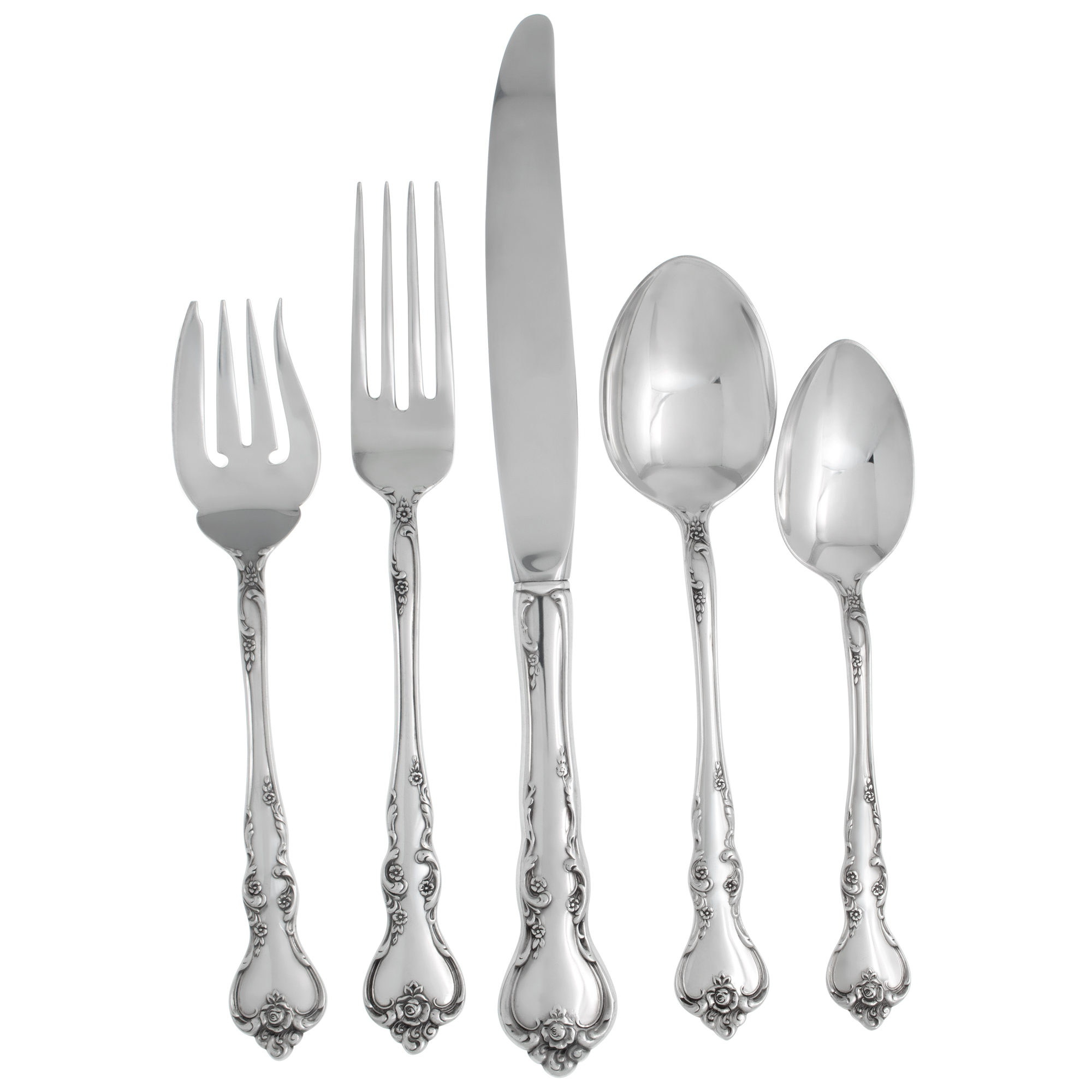 SAVANNAH sterling flatware set patented in 1962 by Reed & Barton. 5 Place setting for 12 + 3 serving pieces.