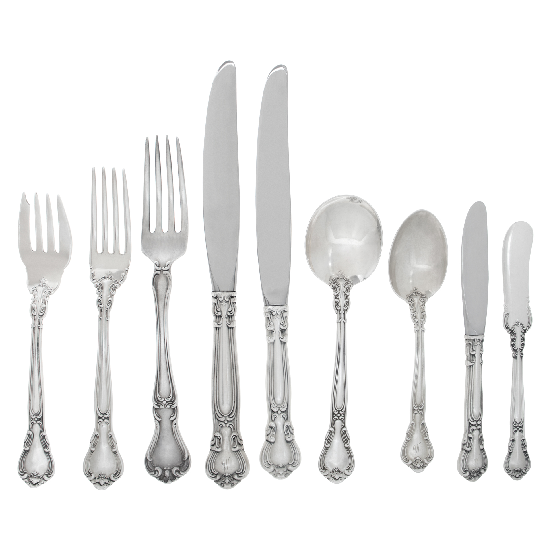 Antique CHANTILLY sterling flatware set patented in 1895 by Gorham. 100 pieces total. 8 place set for 8 (some for 10, some for 12) with 8 serving pieces.