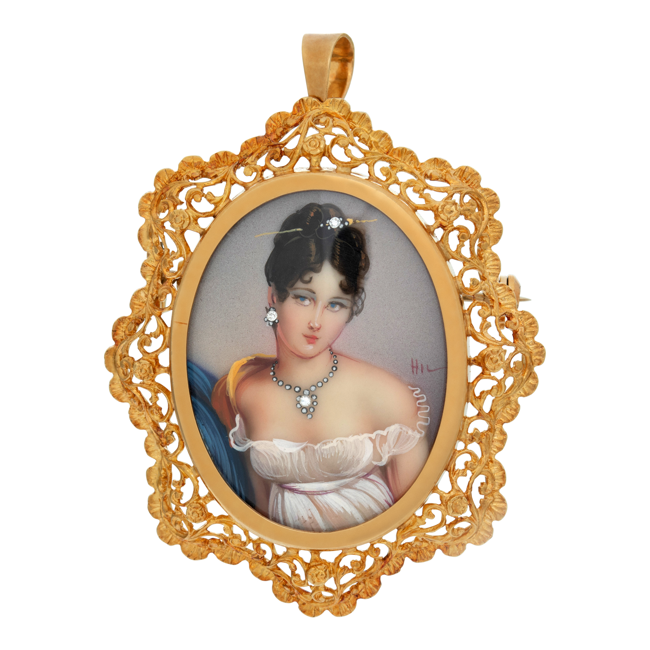 Beautiful painted portrait pendant/brooch with intricate and ornate 18k gold frame (Default)