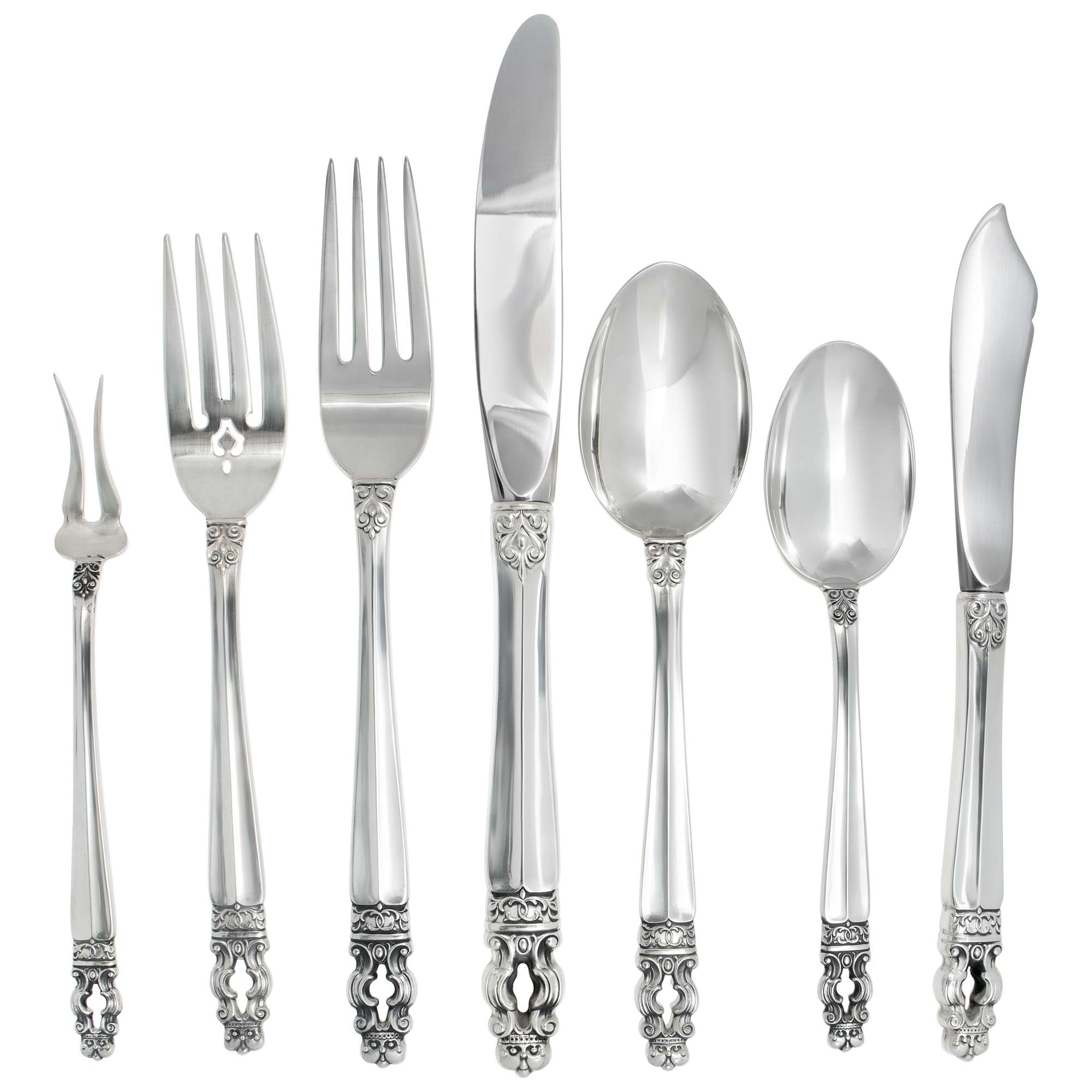 SOVEREIGN HISPANIA , patented in 1968 by Gorham- 5 Place setting for 8 with 5 serving pieces. 45 Pieces total.