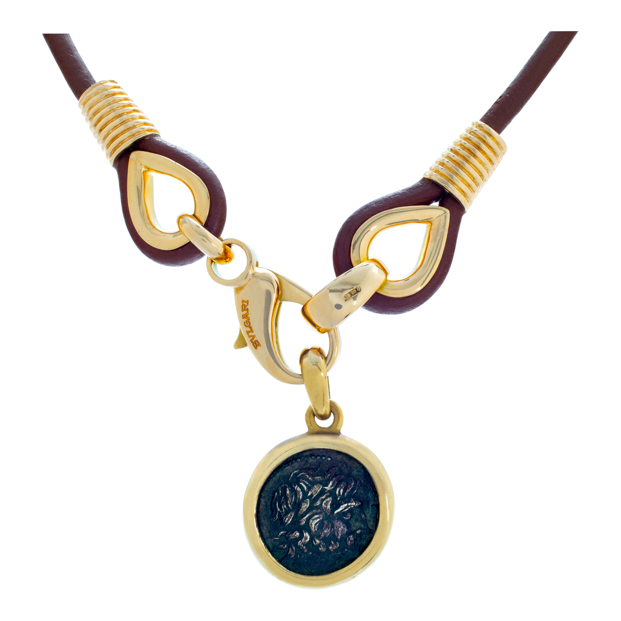 Bvlgari 18k yellow gold, brown leather necklace with ancient Roman (removable) coin pendant.