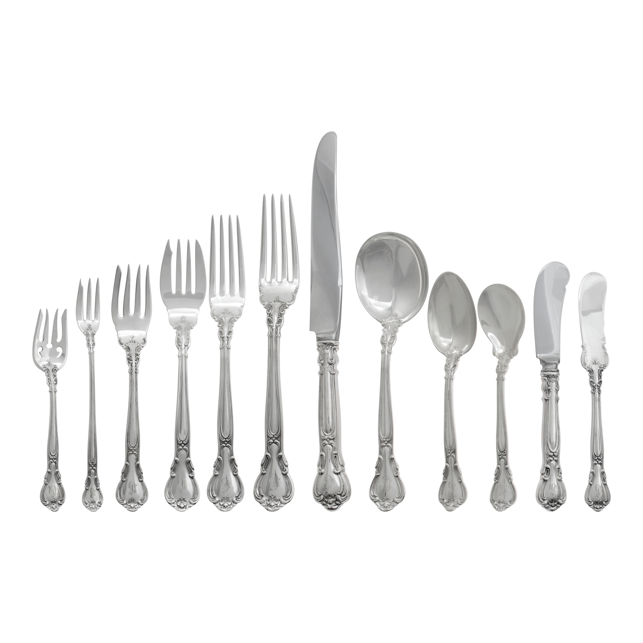 CHANTILLY, sterling silver flatware set, patented in 1895 by Gorham, TOTAL: 154 pieces-