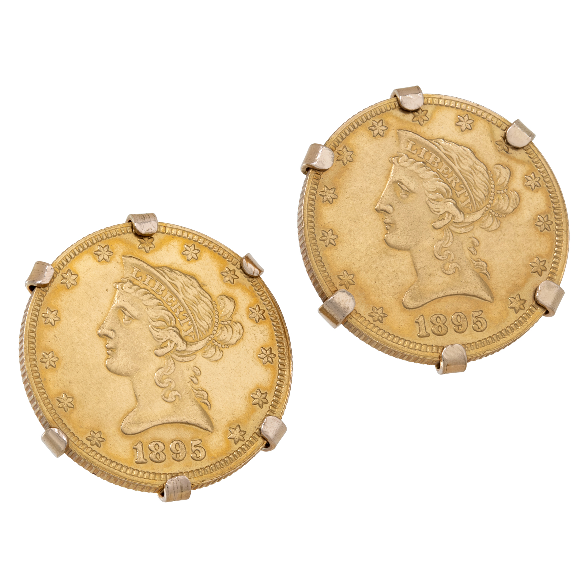 Pair of $10 US gold coins dated 1895 mounted as cufflinks in 14Kt yellow gold frame. Diameter: 25mm (1.00 inch).