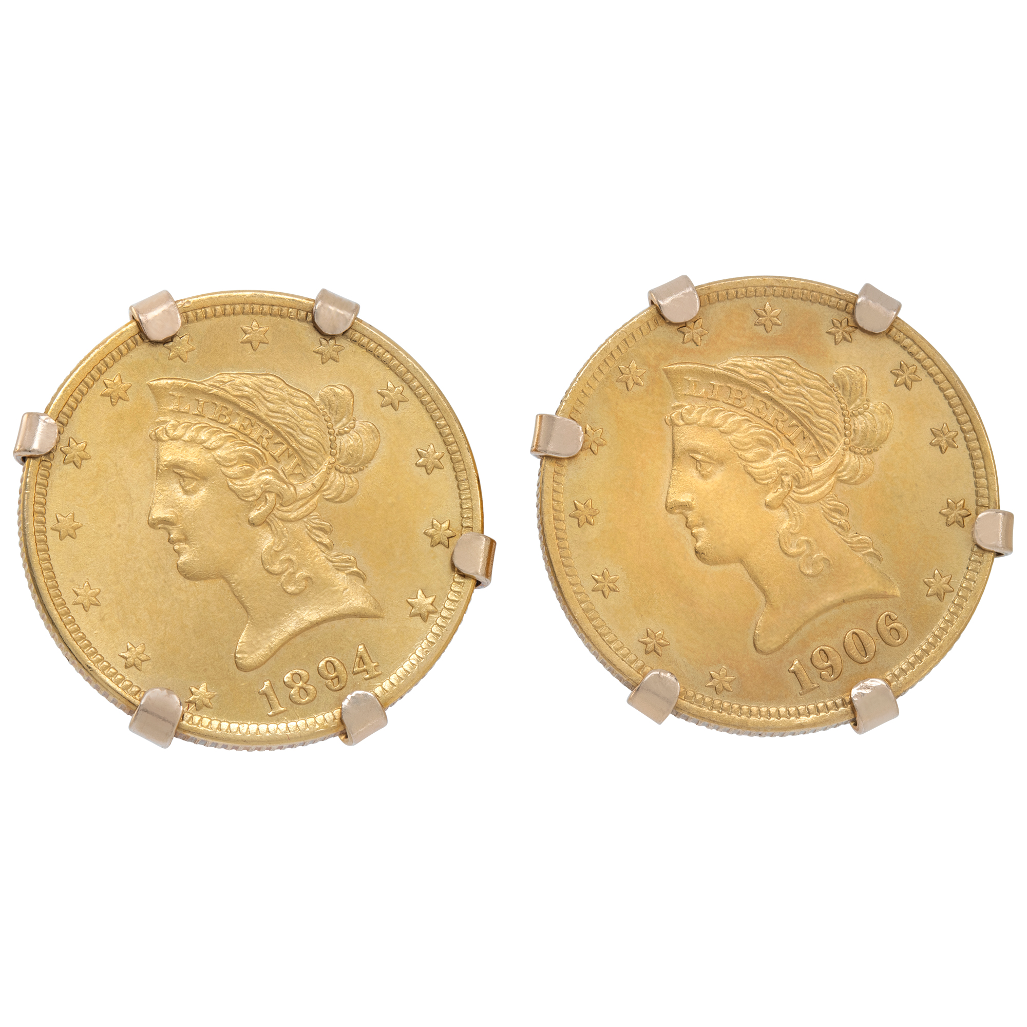 Pair of $10 US dollar gold coin (1894 & 1906) mounted as cufflink in 14K yellow gold prongs frame. Diameter: 25mm (1.00 inch). (Default)