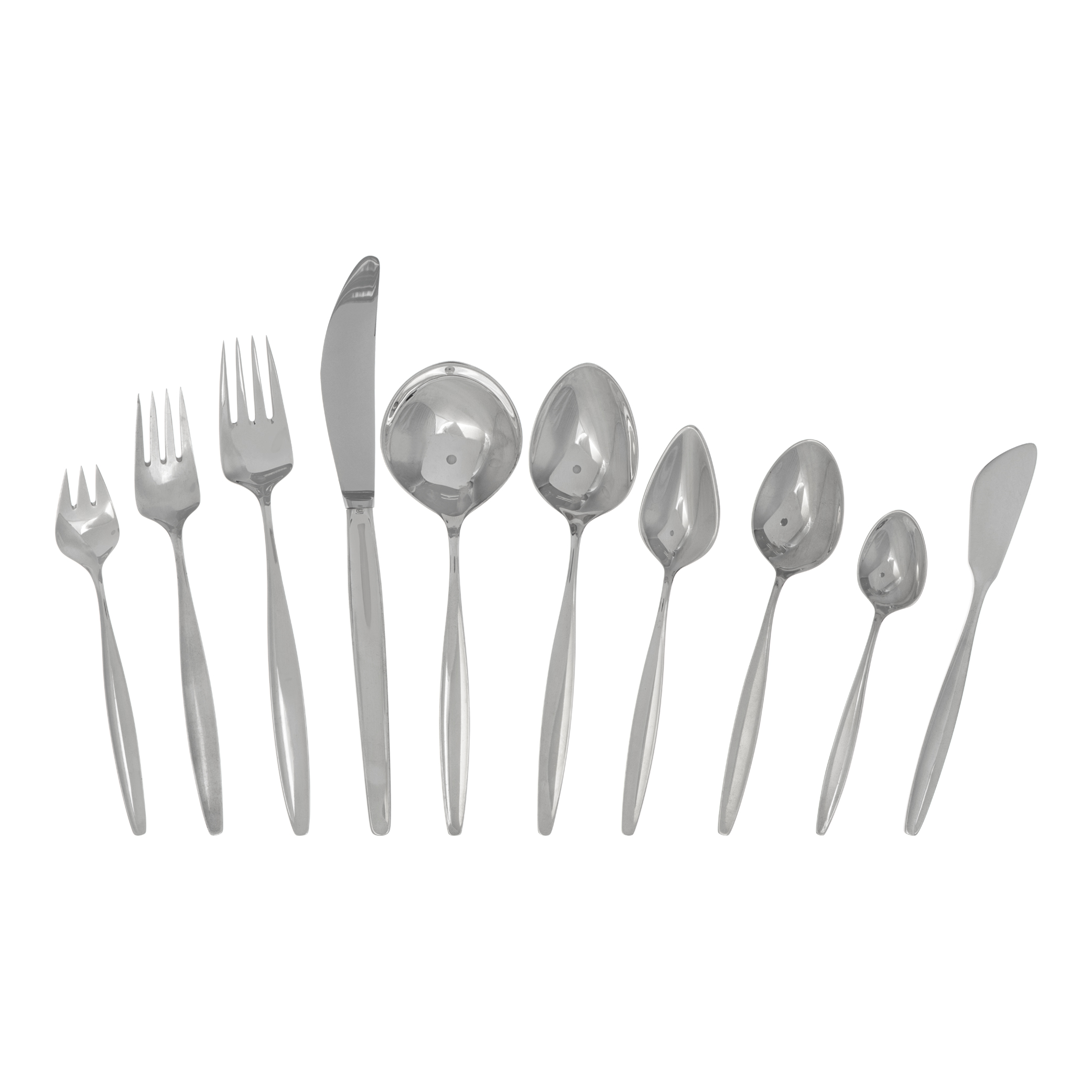 CYPRESS, GEORG JENSEN sterling silver flatware set patented in 1953- 12 place setting for 12 (including fish set) and 15 serving pieces. TOTAL: 159 pieces
