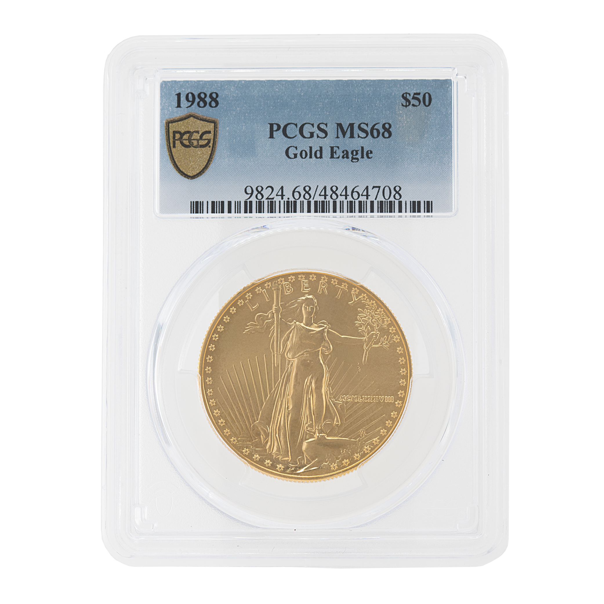 $50 Gold American Eagle Coin from 1988. Uncirculated PCGS grading of MS68