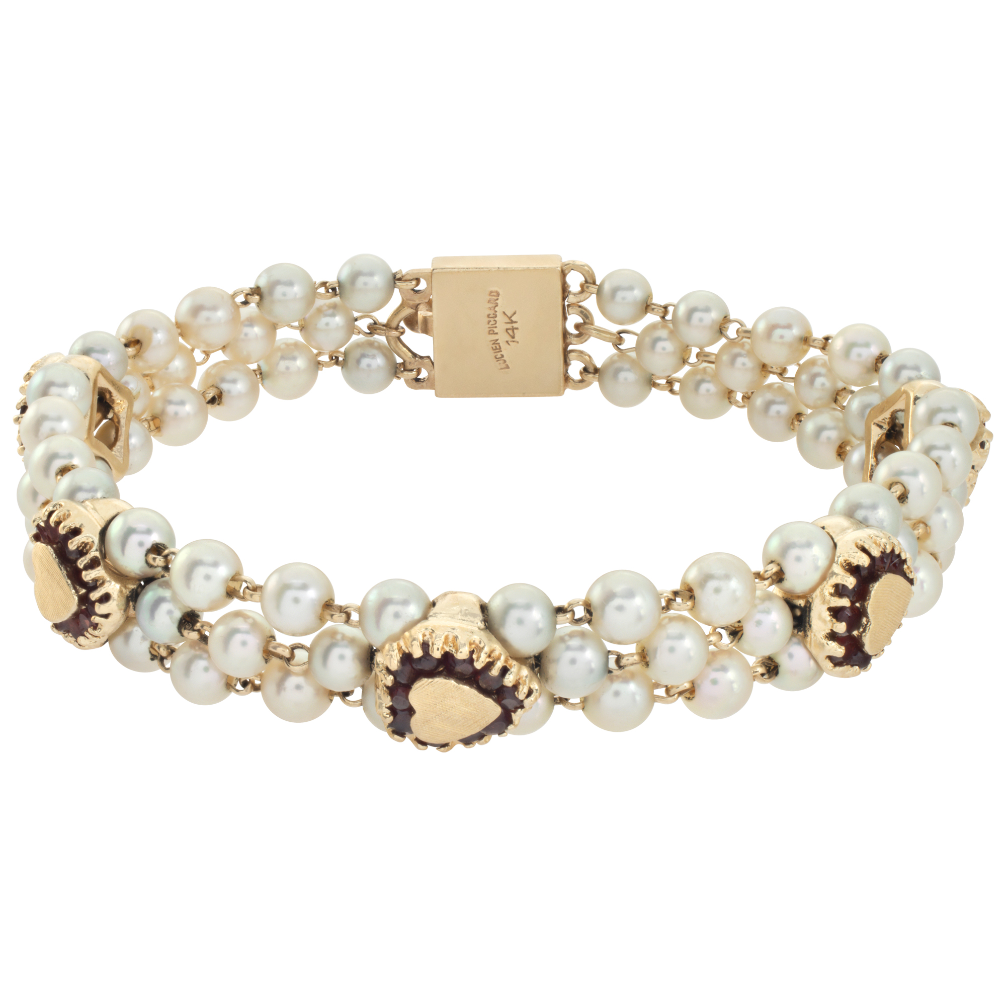 Lucien Piccard pearl bracelet with heart rubies in 14k yellow gold
