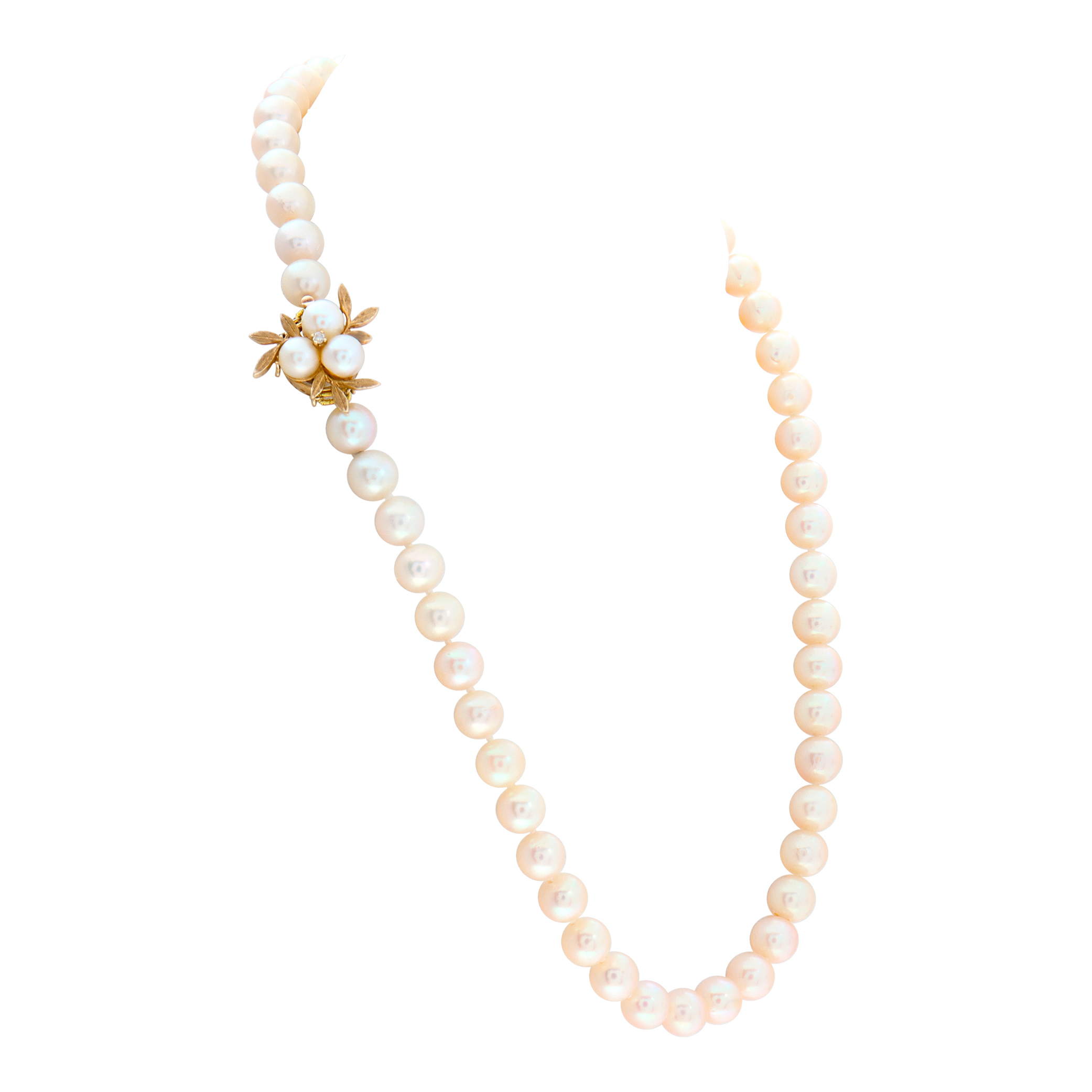 Vintage Akoya pearl (8.5 x 9.00 mm) necklace with 14K yellow gold & Akoya pearls (6mm)  "Flower" clasp Length: 19mm