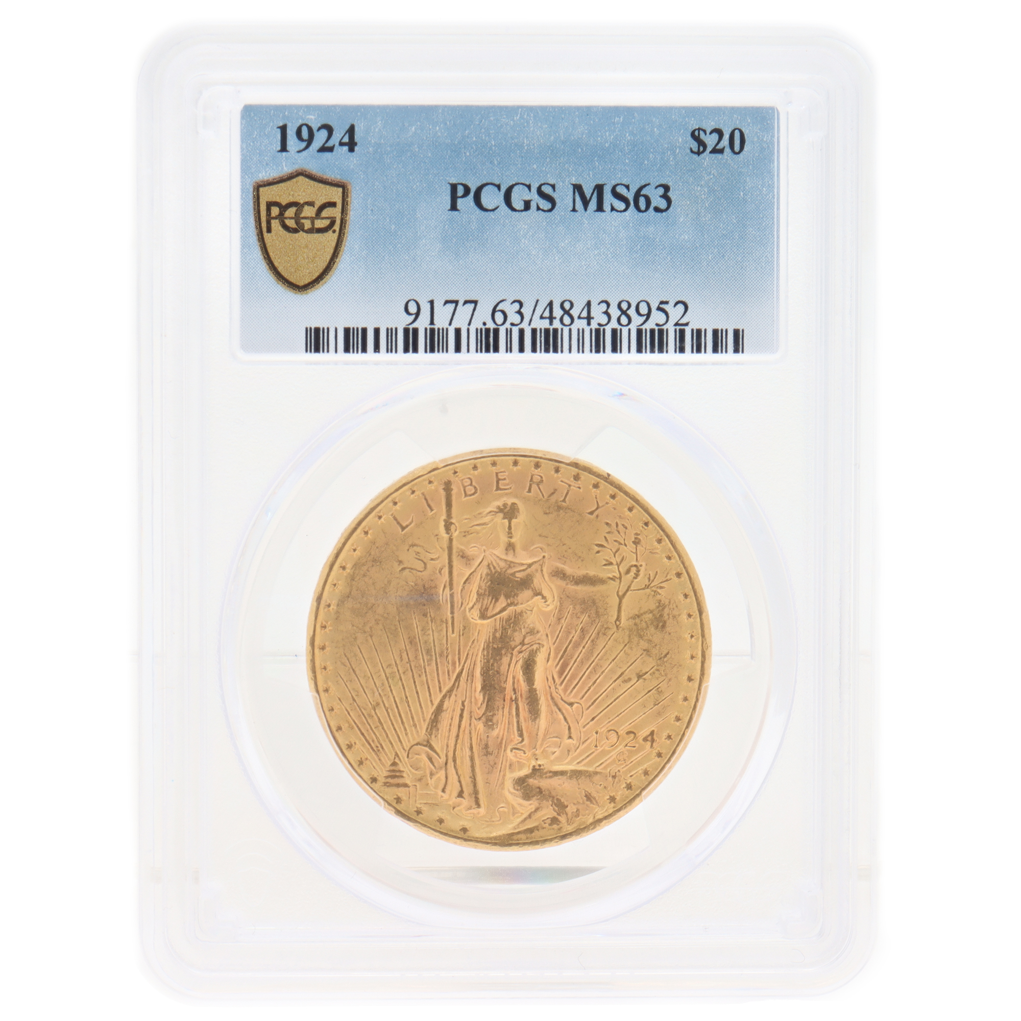 $20 Gold St. Gaudens Coin from 1924. Uncirculated PCGS grading of MS63