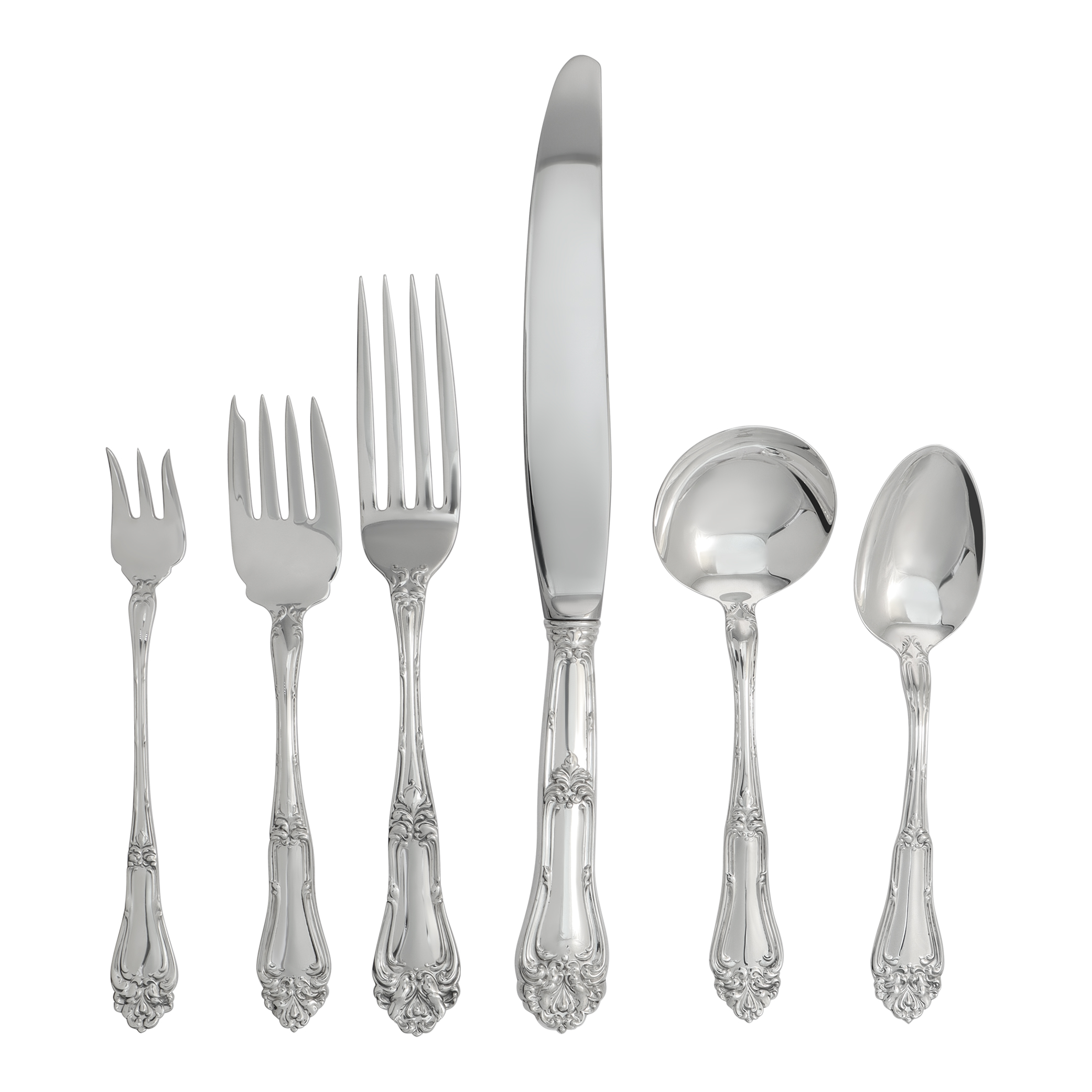 Champlain Aka Princess Carlotta Silver Flatware Set Patented In 1915 By Amston Silver Co & Arthur Stuart (Frank M. Whiting). Total 89 Pieces. 6 Place Setting By 12 (Double Tea Spoon) And 6 Serving Pieces, (Default)
