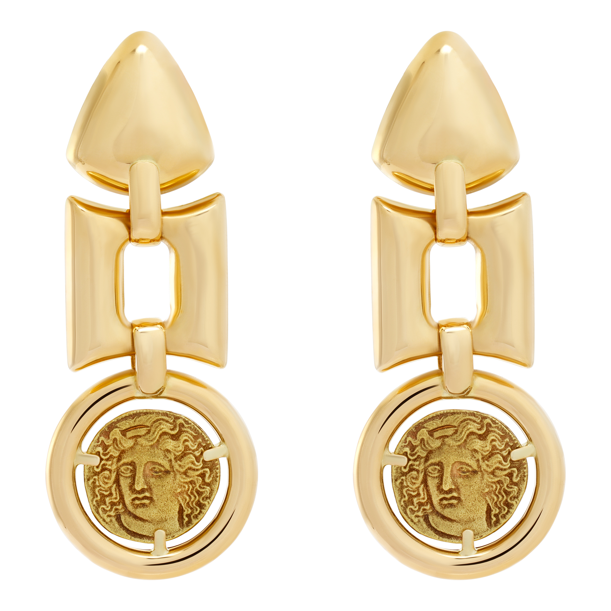 Dangling earrings signed by italian designer UNOAERRE with greek gold coin, in 18K yellow gold. Coin motif diameter 3/4 inch.Dangling length: 2 inches. (Default)