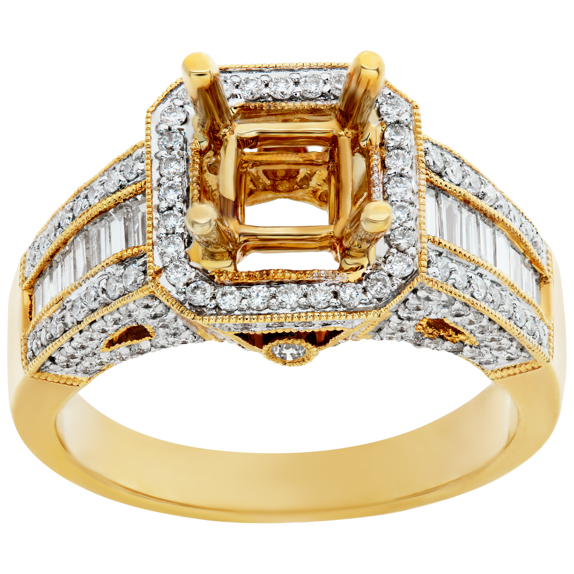 Diamond setting in 14k yellow gold;  0.90 carat in round & baguette diamonds.