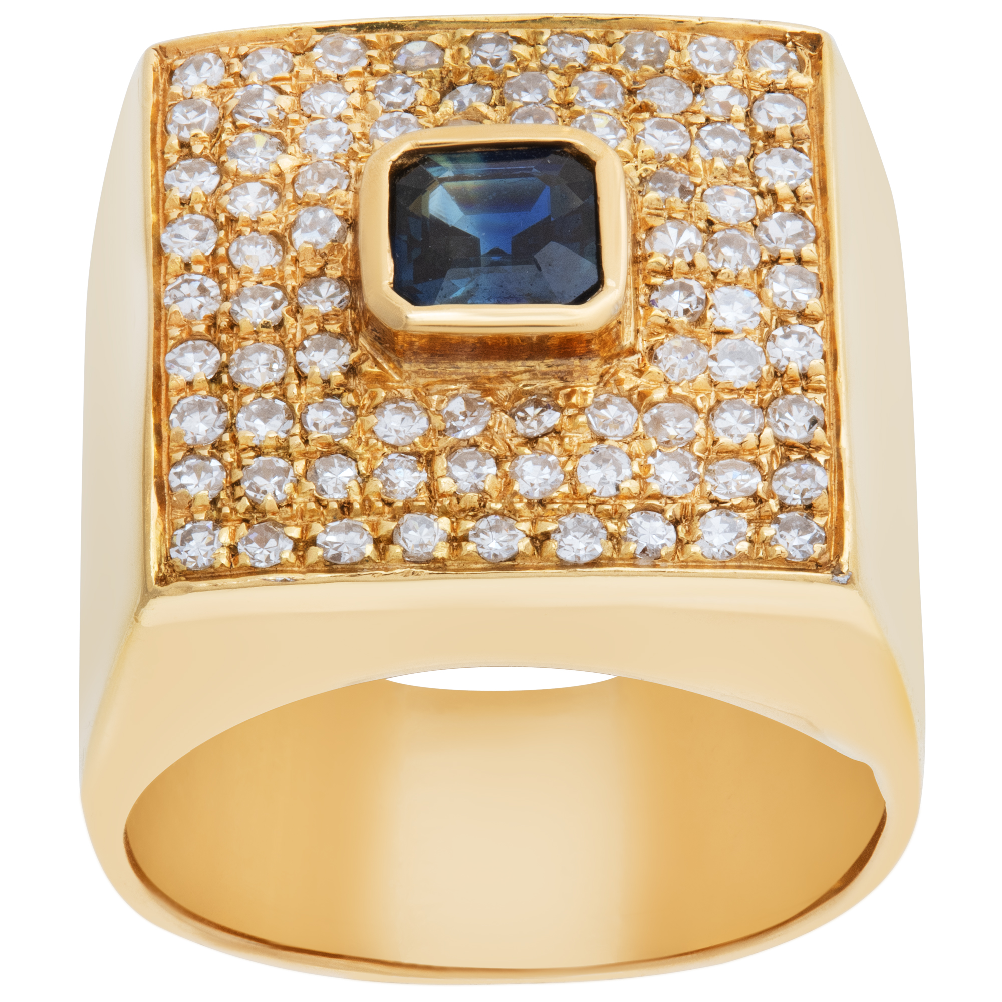 Stepped square emerald cut saphhire & diamonds ring.in 18K yellow gold. Size 4.5