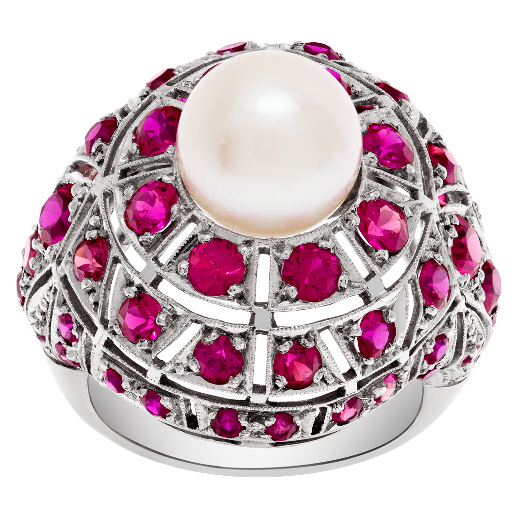 Vintage ruby & pearl ring with approximately 1.50 carat round rubies