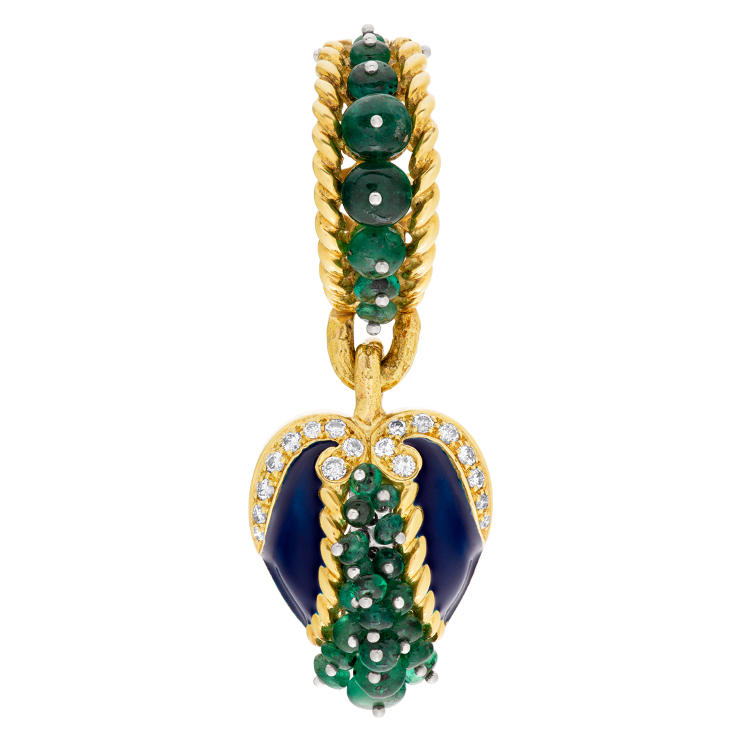 Cabochon emerald, diamond and blue enamel pendant in 18k